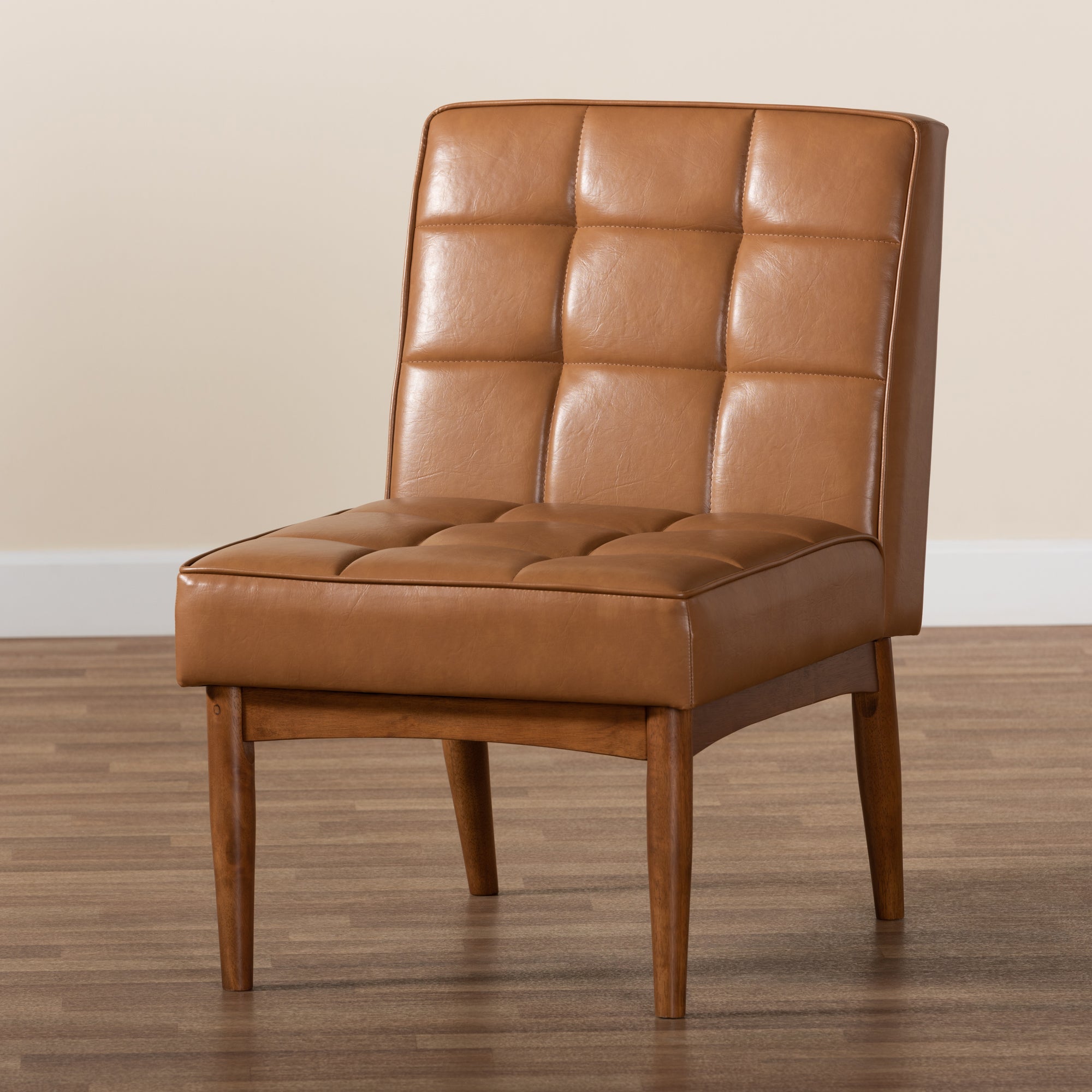 Baxton Studio Sanford Mid-Century Modern Tan Faux Leather Upholstered and Walnut Brown Finished Wood Dining Chair