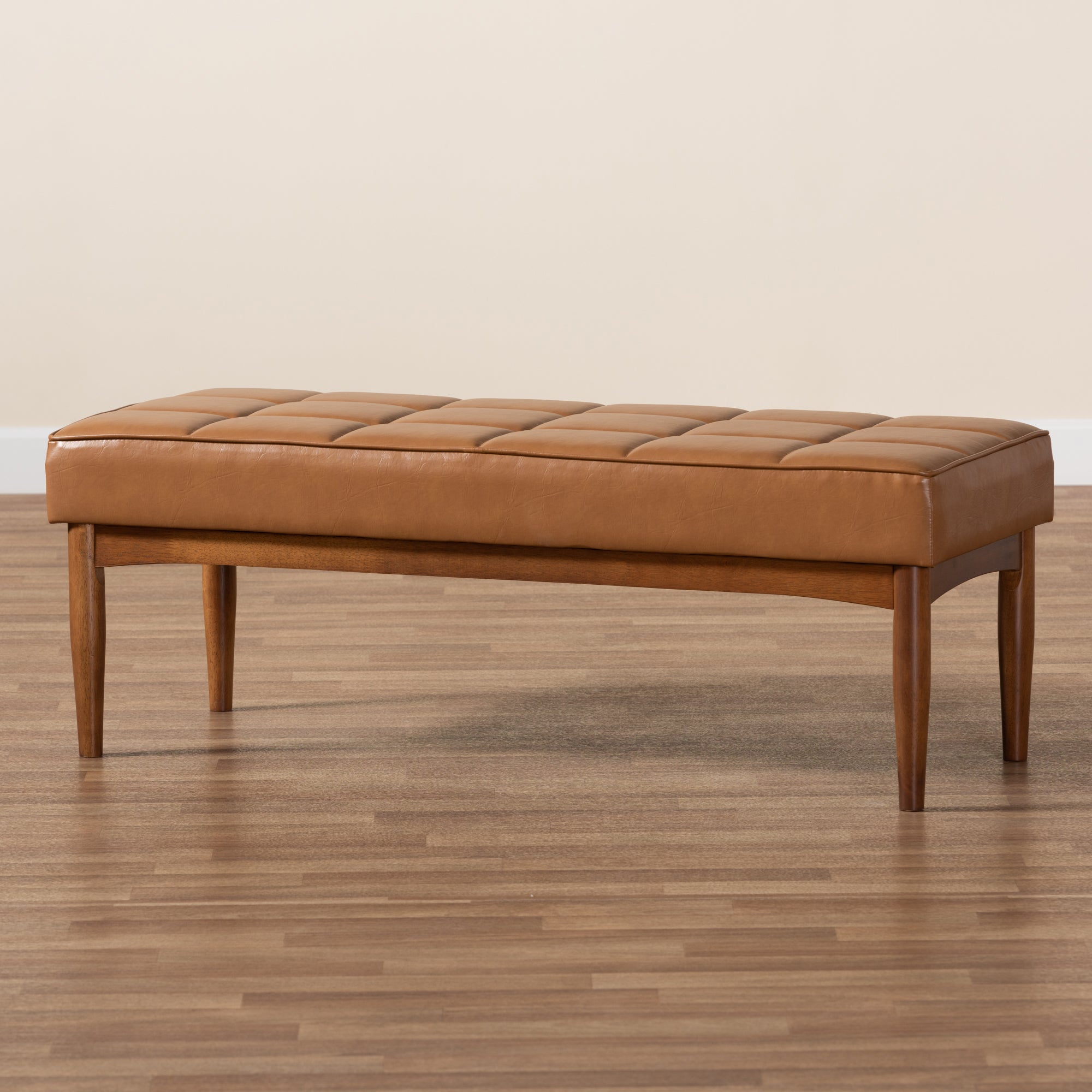 Baxton Studio Sanford Mid-Century Modern Tan Faux Leather Upholstered and Walnut Brown Finished Wood Dining Bench