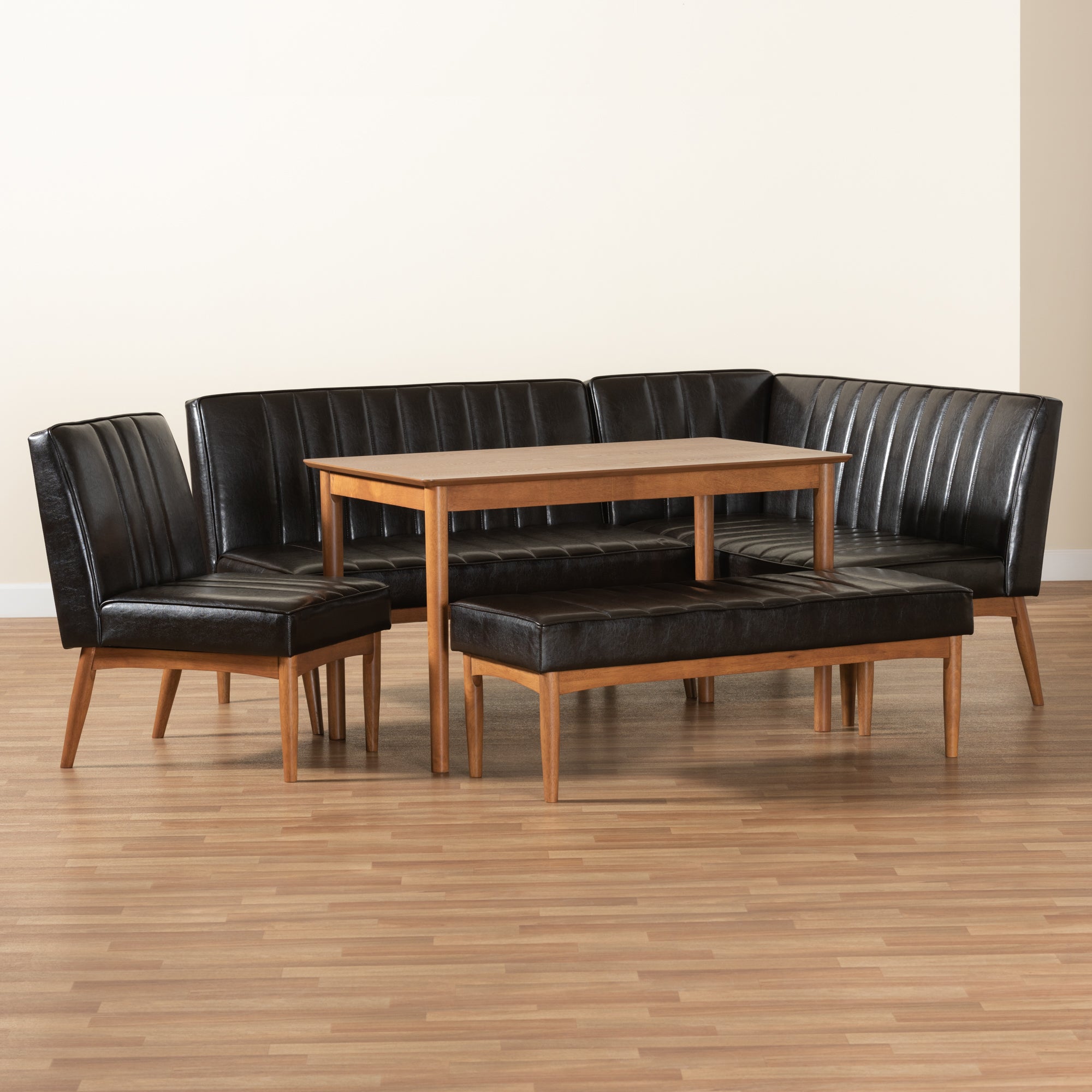 Baxton Studio Daymond Mid-Century Modern Dark Brown Faux Leather Upholstered and Walnut Brown Finished Wood 5-Piece Dining Nook Set