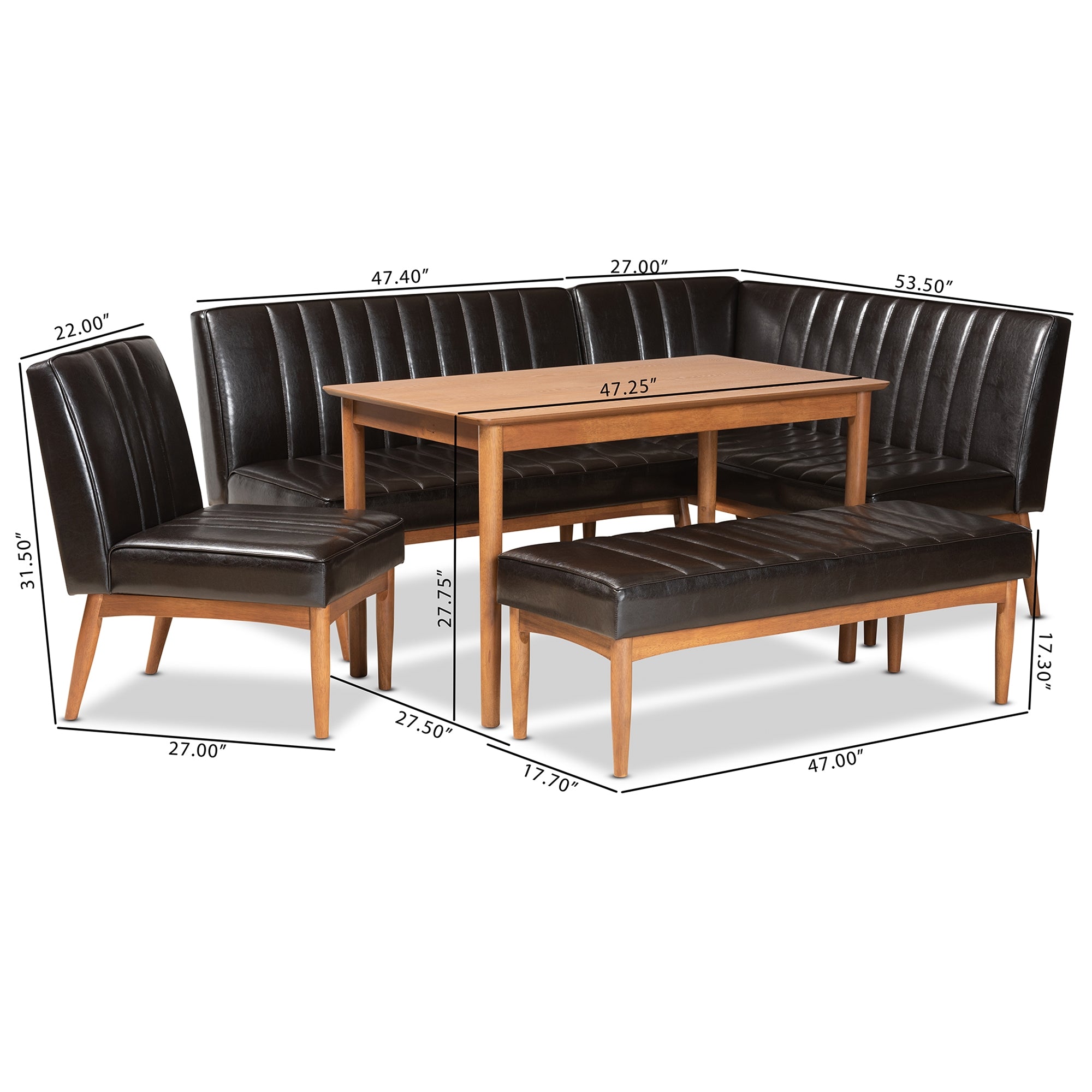 Baxton Studio Daymond Mid-Century Modern Dark Brown Faux Leather Upholstered and Walnut Brown Finished Wood 5-Piece Dining Nook Set