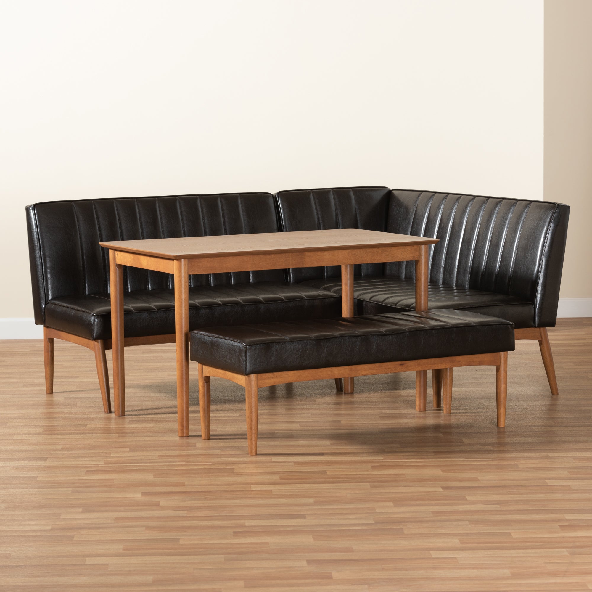 Baxton Studio Daymond Mid-Century Modern Dark Brown Faux Leather Upholstered and Walnut Brown Finished Wood 4-Piece Dining Nook Set