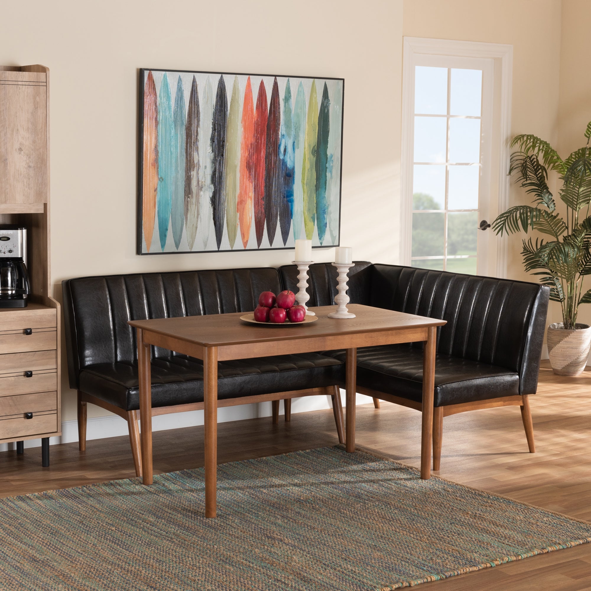 Baxton Studio Daymond Mid-Century Modern Dark Brown Faux Leather Upholstered and Walnut Brown Finished Wood 3-Piece Dining Nook Set