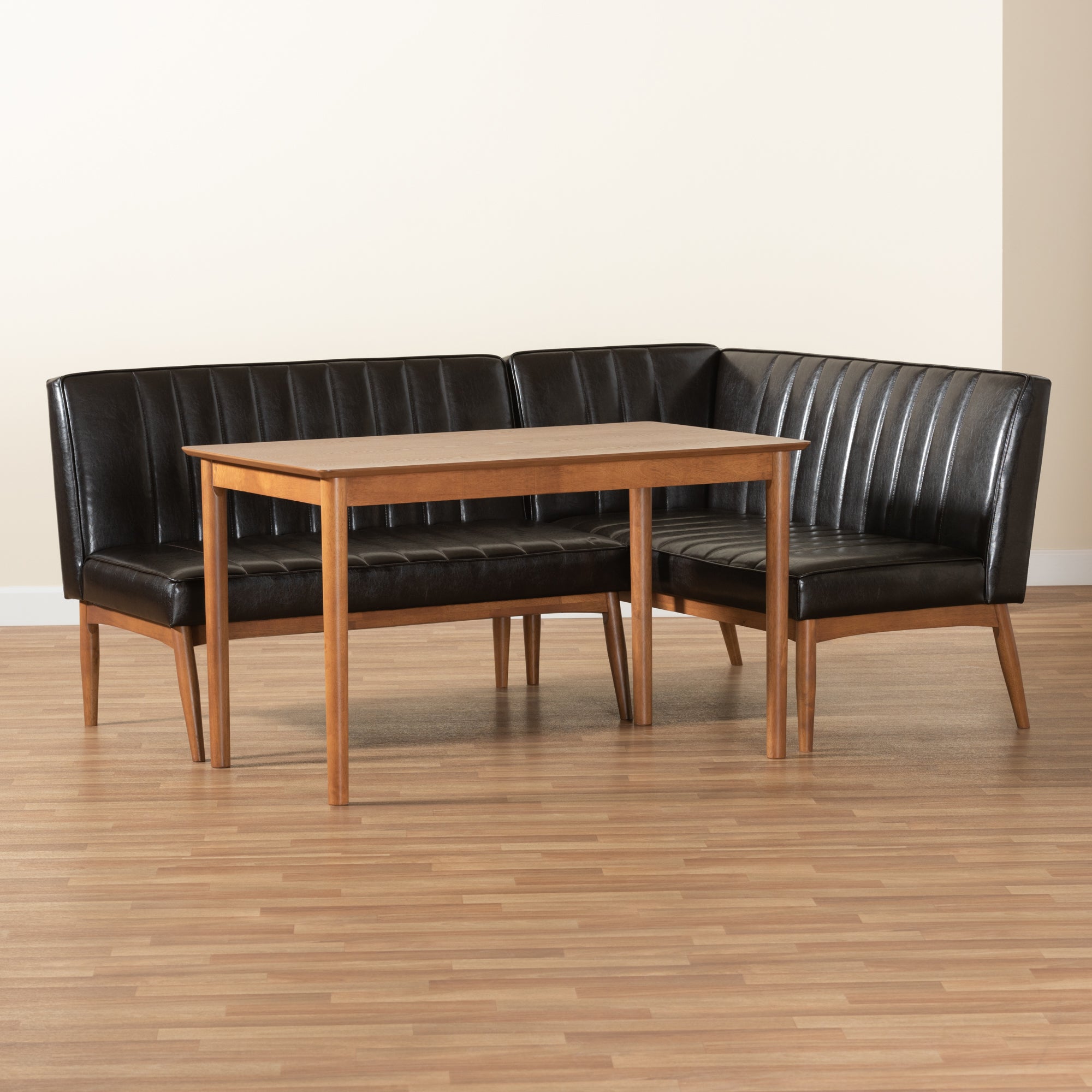 Baxton Studio Daymond Mid-Century Modern Dark Brown Faux Leather Upholstered and Walnut Brown Finished Wood 3-Piece Dining Nook Set