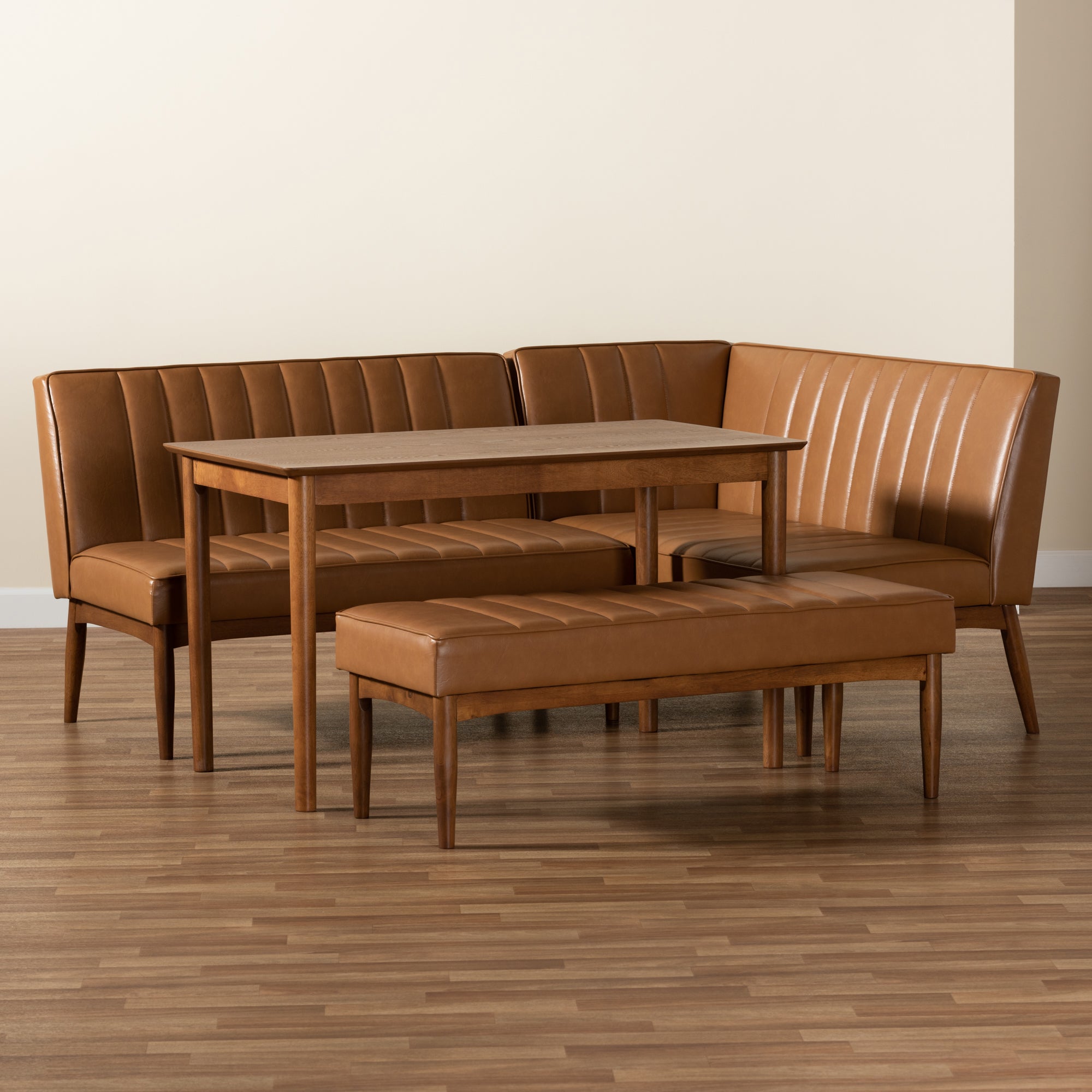 Baxton Studio Daymond Mid-Century Modern Tan Faux Leather Upholstered and Walnut Brown Finished Wood 4-Piece Dining Nook Set