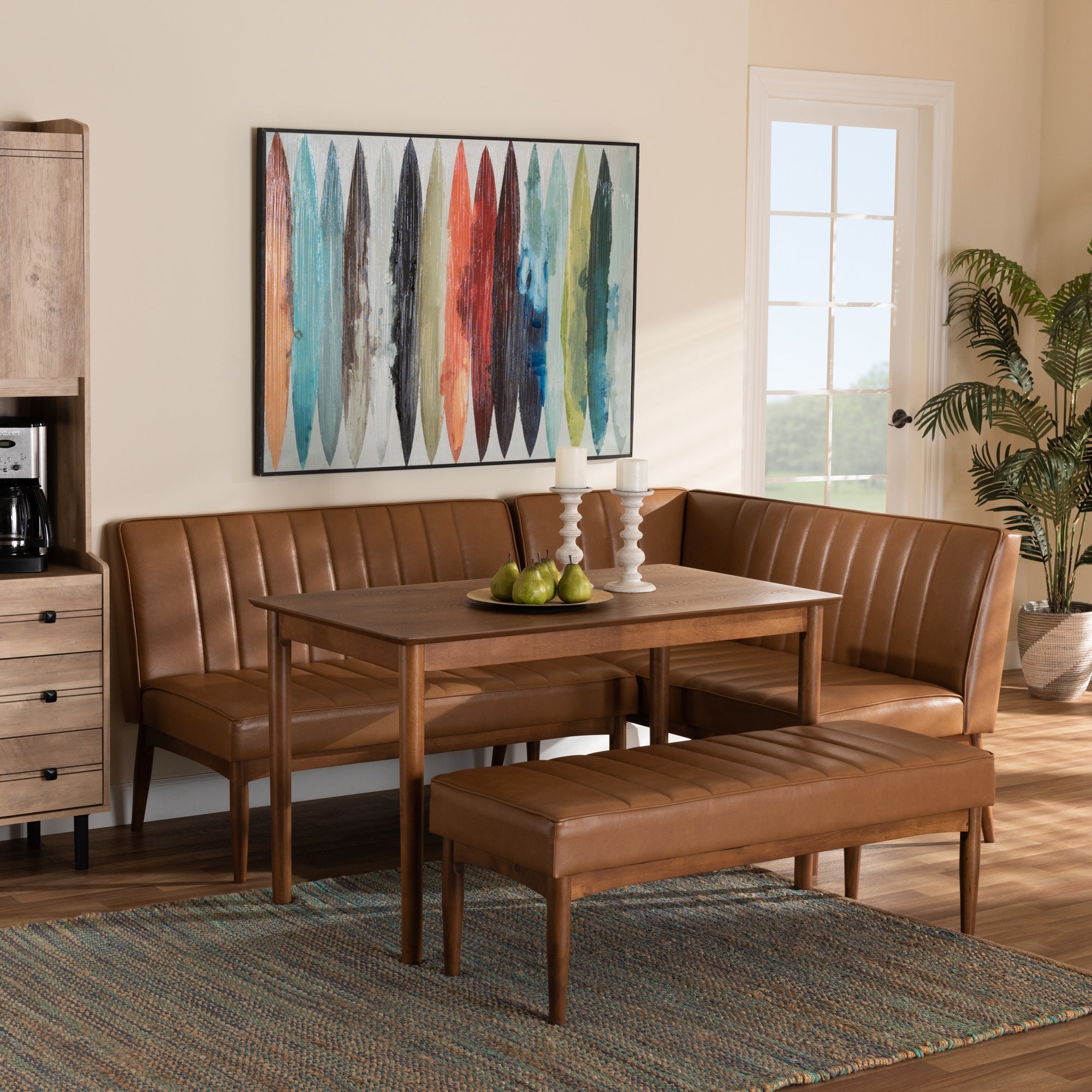 Baxton Studio Daymond Mid-Century Modern Tan Faux Leather Upholstered and Walnut Brown Finished Wood 4-Piece Dining Nook Set