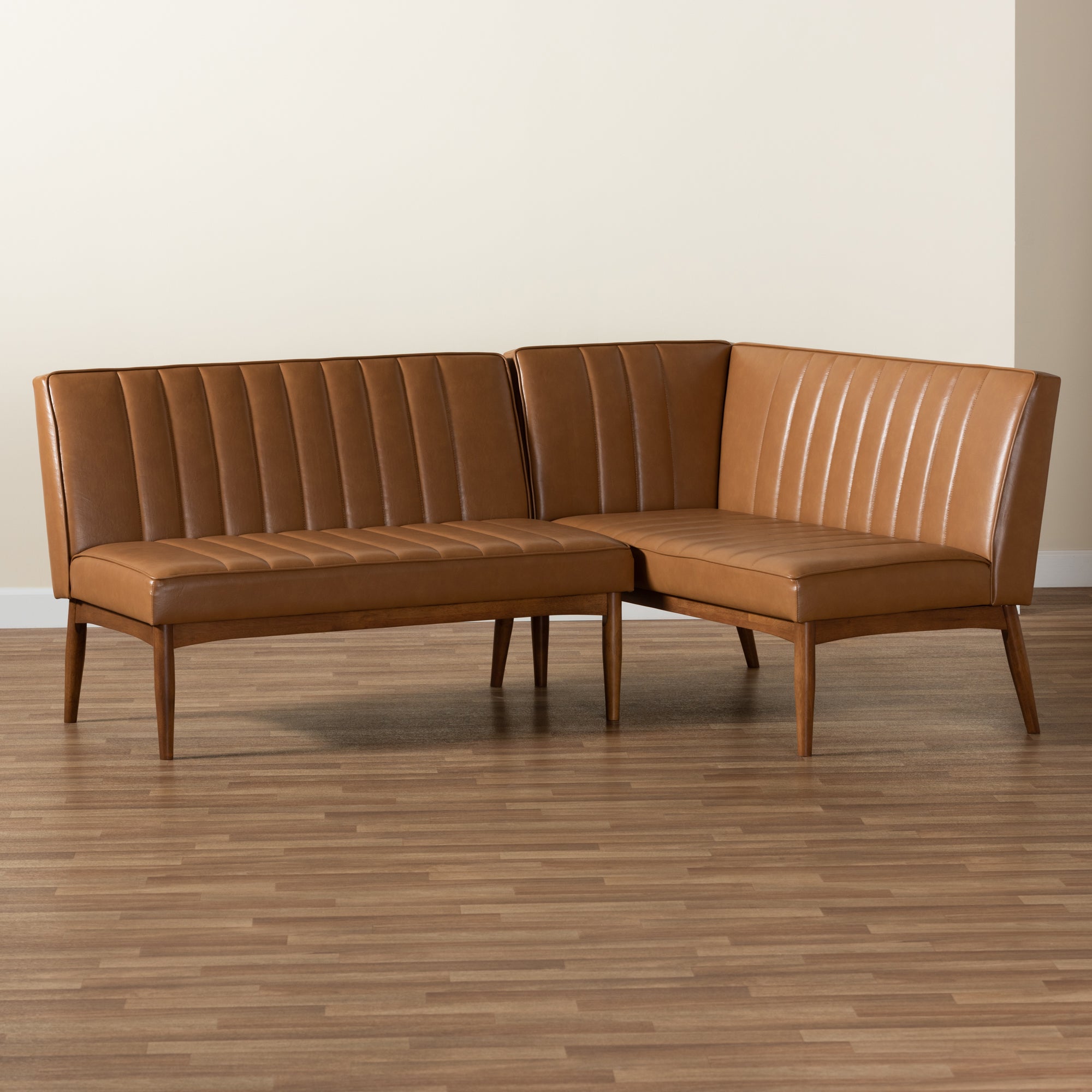 Baxton Studio Daymond Mid-Century Modern Tan Faux Leather Upholstered and Walnut Brown Finished Wood 2-Piece Dining Nook Banquette Set
