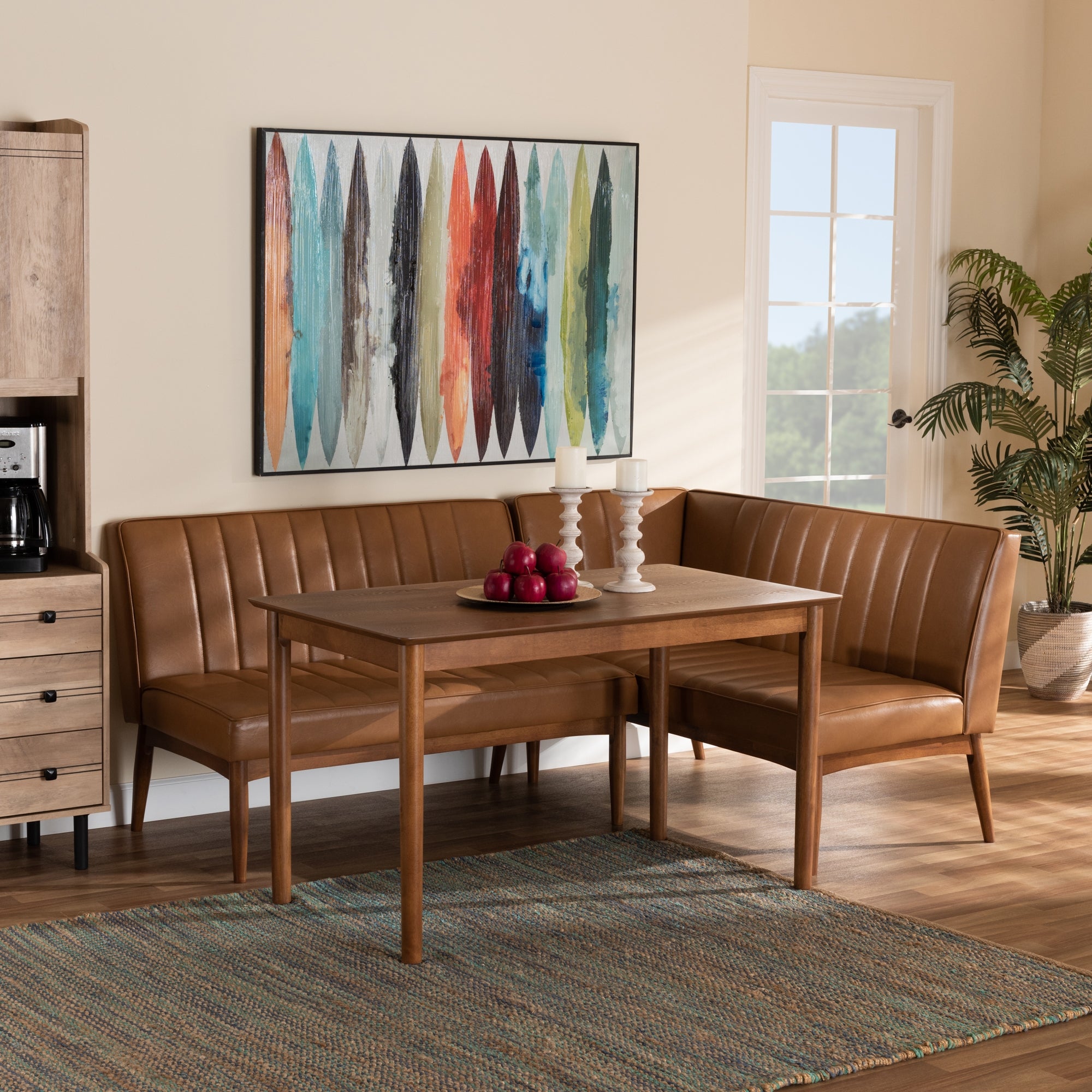 Baxton Studio Daymond Mid-Century Modern Tan Faux Leather Upholstered and Walnut Brown Finished Wood 3-Piece Dining Nook Set