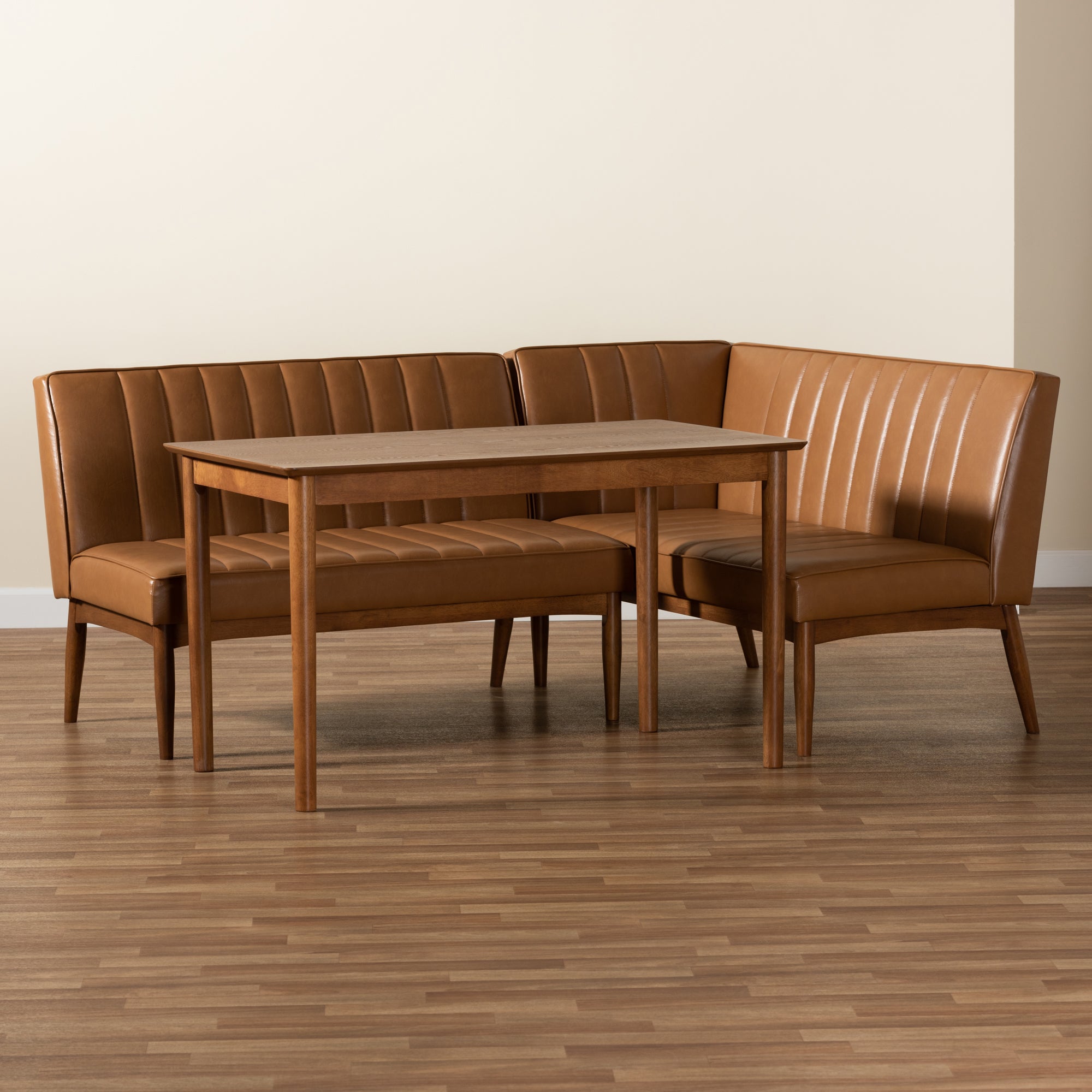 Baxton Studio Daymond Mid-Century Modern Tan Faux Leather Upholstered and Walnut Brown Finished Wood 3-Piece Dining Nook Set
