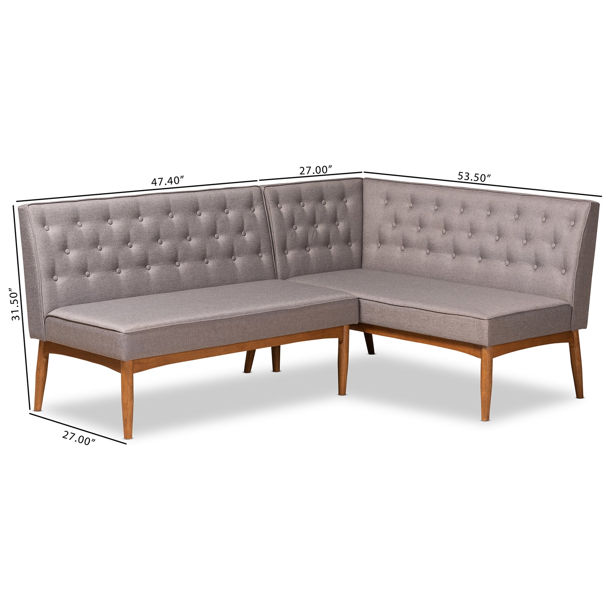 Baxton Studio Riordan Mid-Century Modern Grey Fabric Upholstered and Walnut Brown Finished Wood 2-Piece Dining Nook Banquette Set