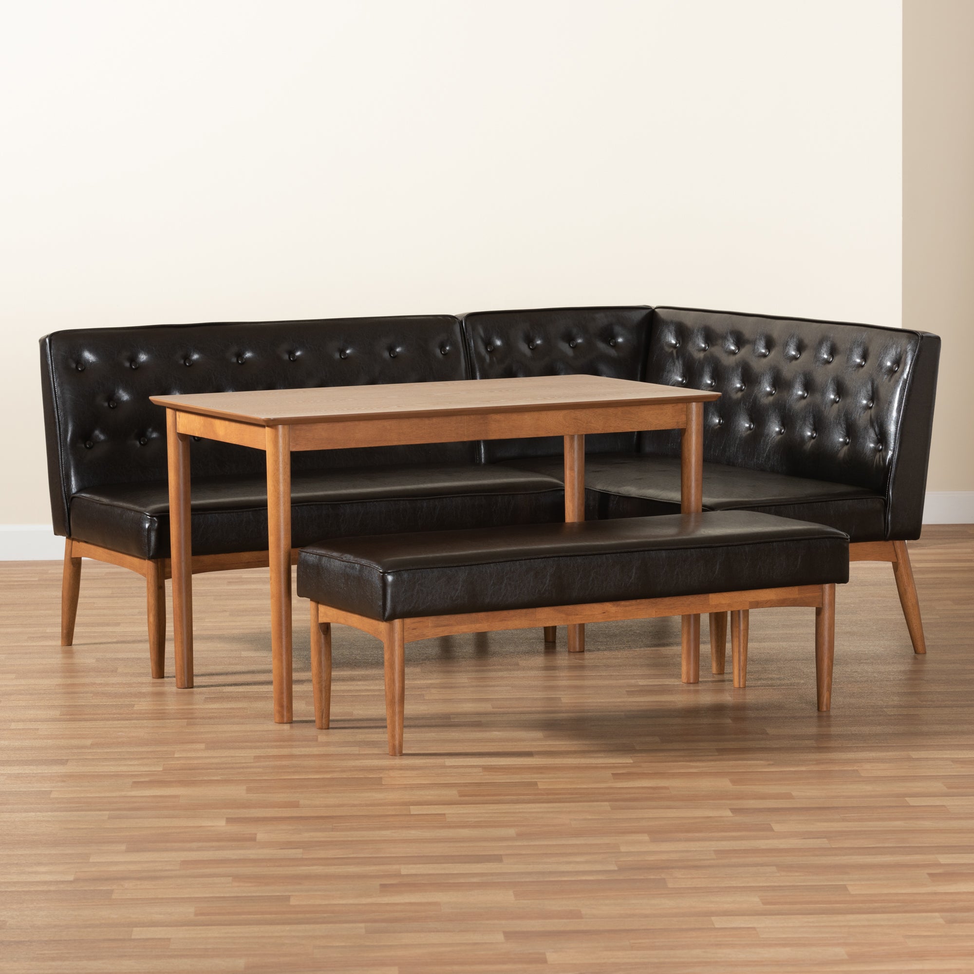 Baxton Studio Riordan Mid-Century Modern Dark Brown Faux Leather Upholstered and Walnut Brown Finished Wood 4-Piece Dining Nook Set