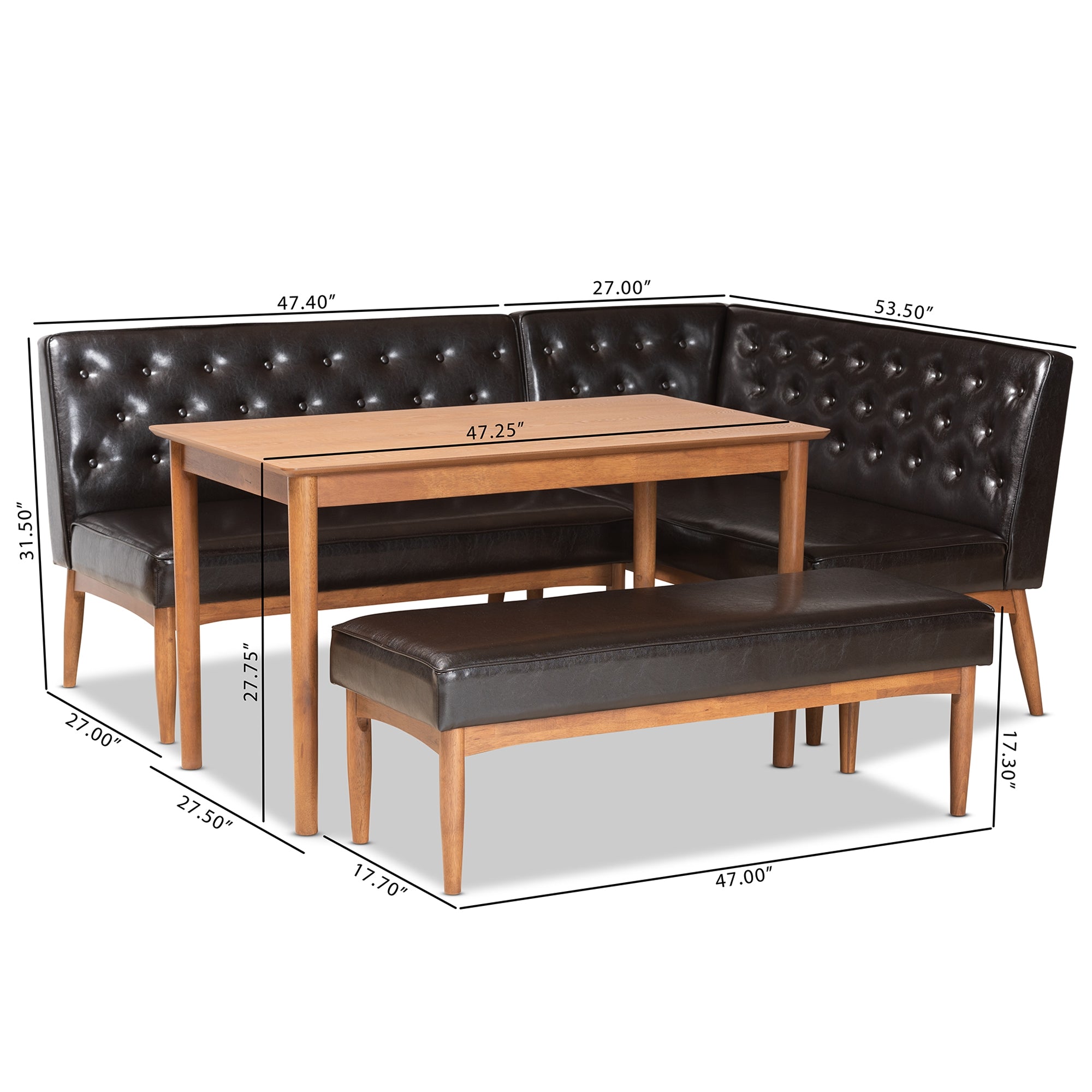 Baxton Studio Riordan Mid-Century Modern Dark Brown Faux Leather Upholstered and Walnut Brown Finished Wood 4-Piece Dining Nook Set