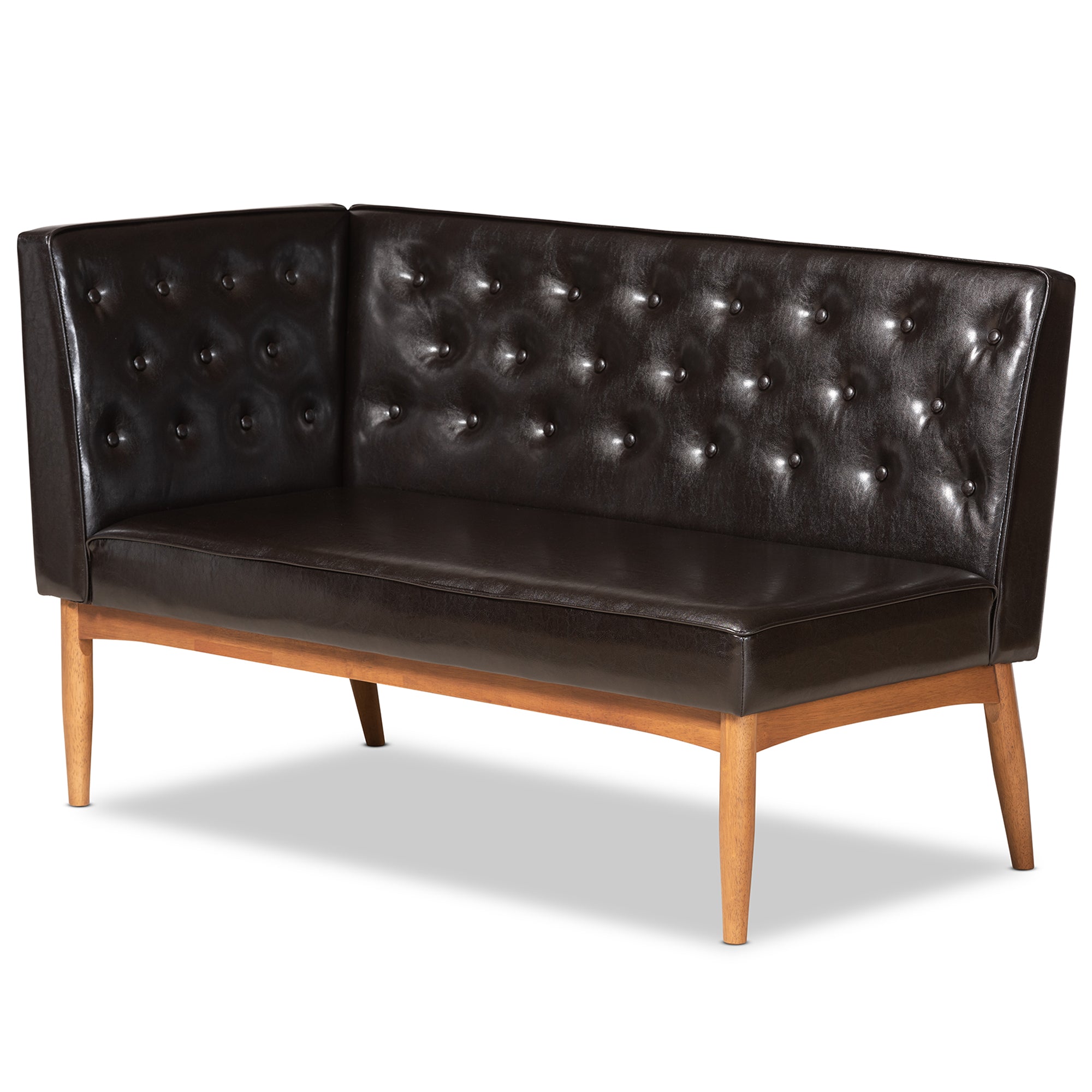 Baxton Studio Riordan Mid-Century Modern Dark Brown Faux Leather Upholstered and Walnut Brown Finished Wood 2-Piece Dining Nook Banquette Set