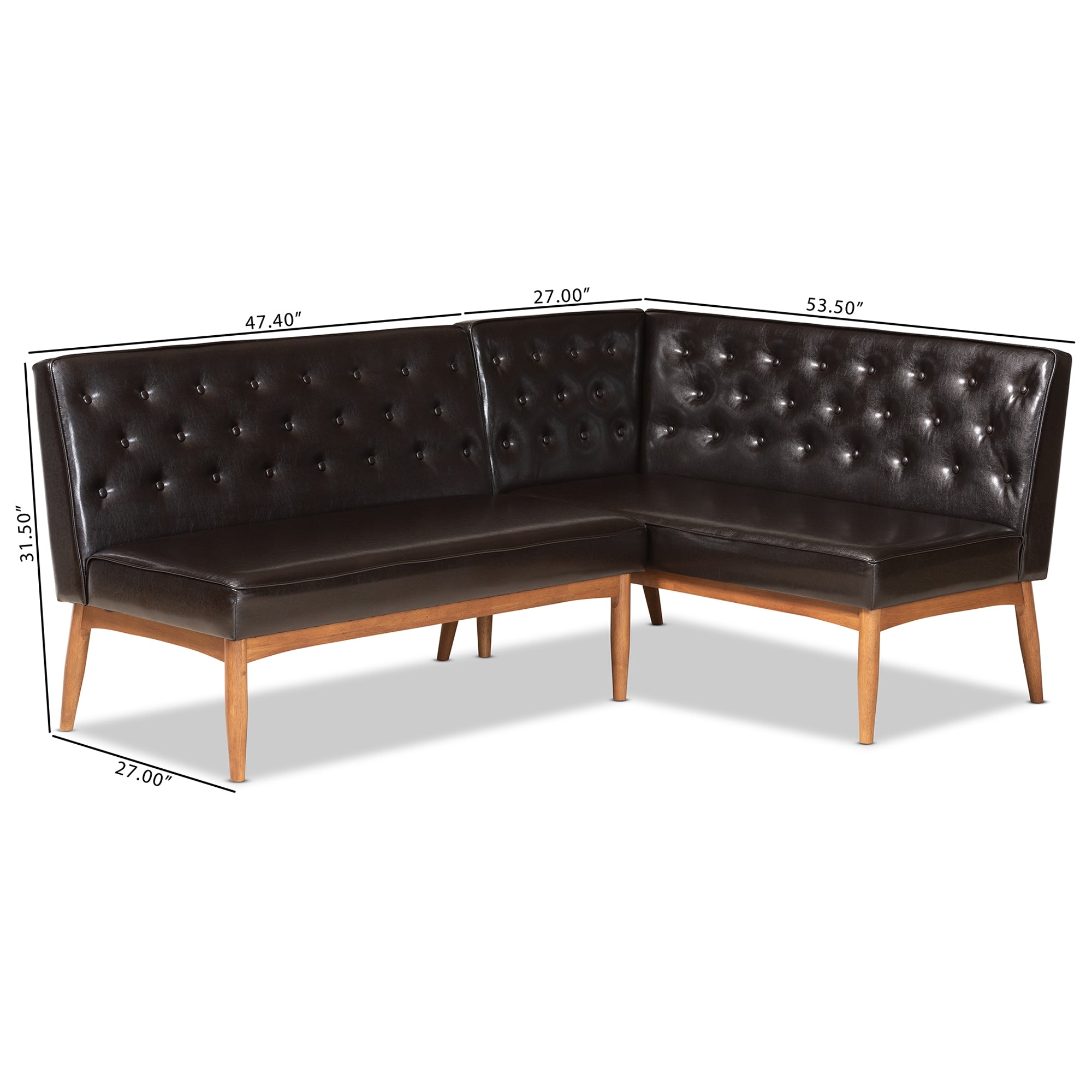 Baxton Studio Riordan Mid-Century Modern Dark Brown Faux Leather Upholstered and Walnut Brown Finished Wood 2-Piece Dining Nook Banquette Set