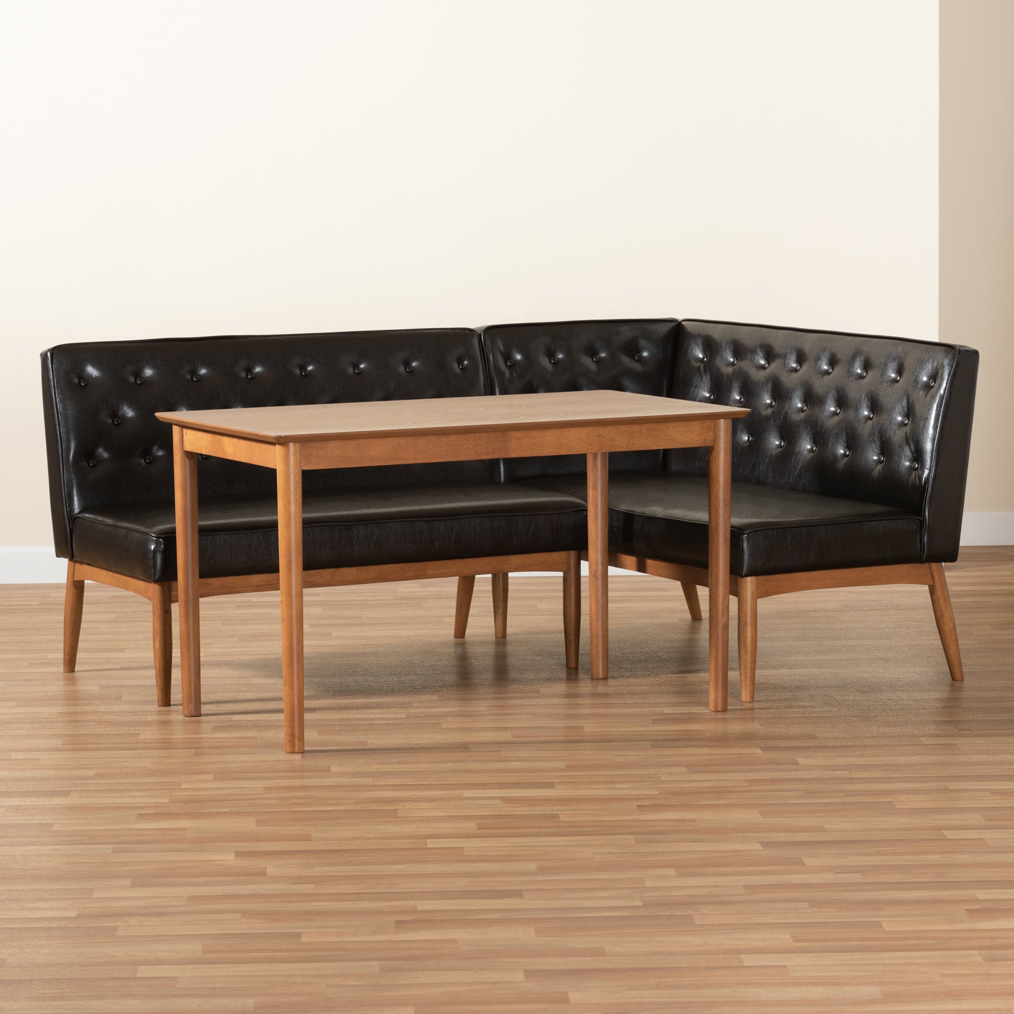 Baxton Studio Riordan Mid-Century Modern Dark Brown Faux Leather Upholstered and Walnut Brown Finished Wood 3-Piece Dining Nook Set