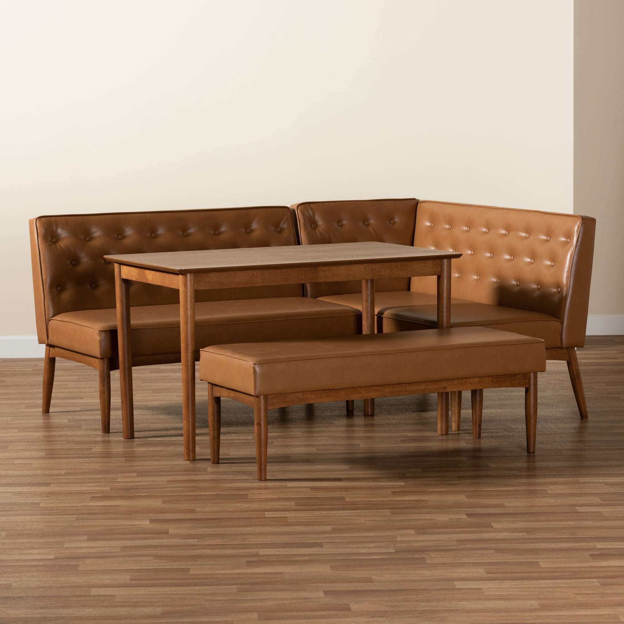 Baxton Studio Riordan Mid-Century Modern Tan Faux Leather Upholstered and Walnut Brown Finished Wood 4-Piece Dining Nook Set