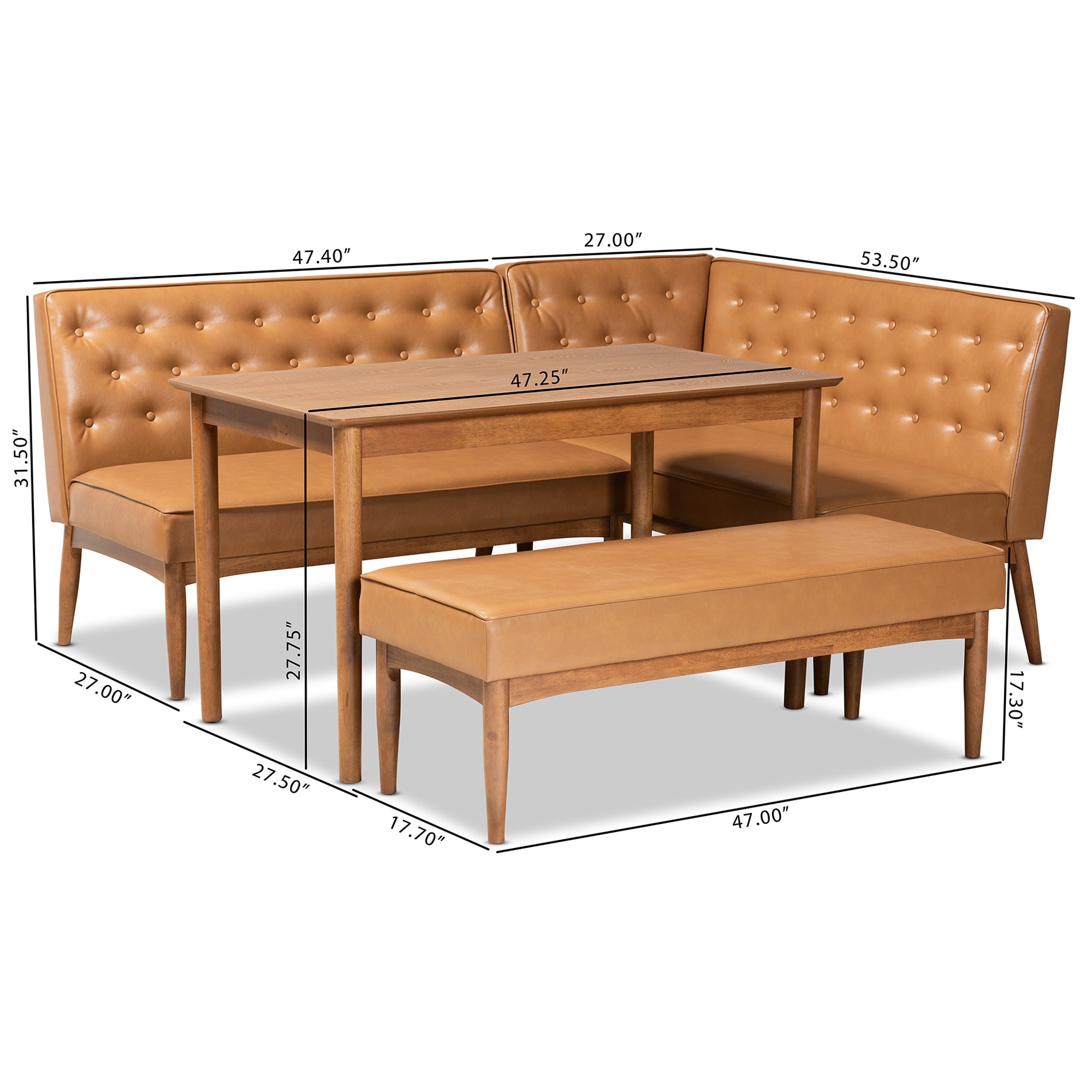 Baxton Studio Riordan Mid-Century Modern Tan Faux Leather Upholstered and Walnut Brown Finished Wood 4-Piece Dining Nook Set