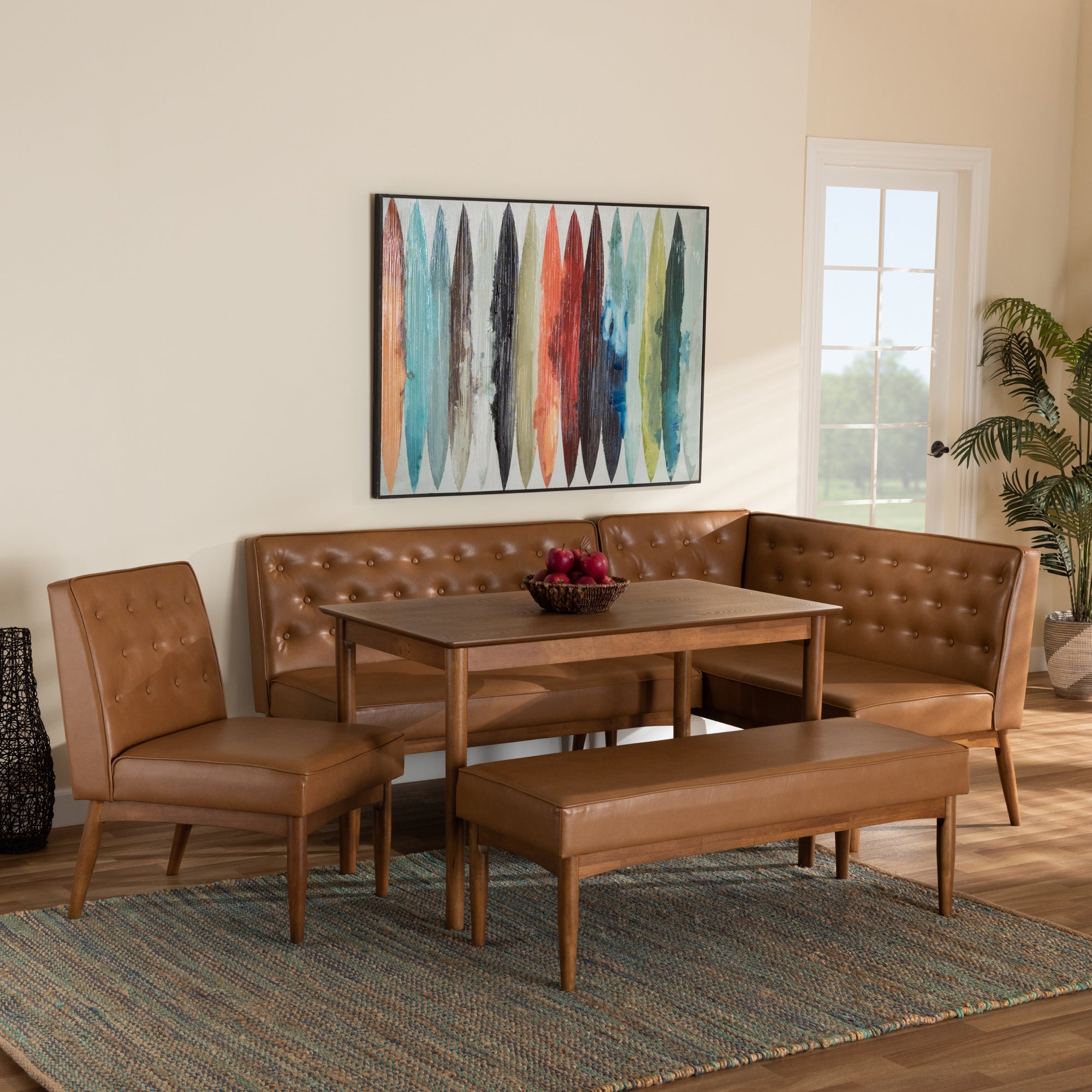 Baxton Studio Riordan Mid-Century Modern Tan Faux Leather Upholstered and Walnut Brown Finished Wood 5-Piece Dining Nook Set