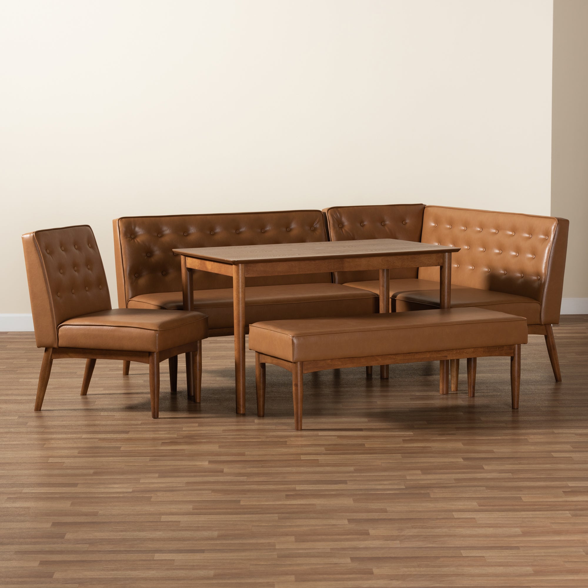 Baxton Studio Riordan Mid-Century Modern Tan Faux Leather Upholstered and Walnut Brown Finished Wood 5-Piece Dining Nook Set