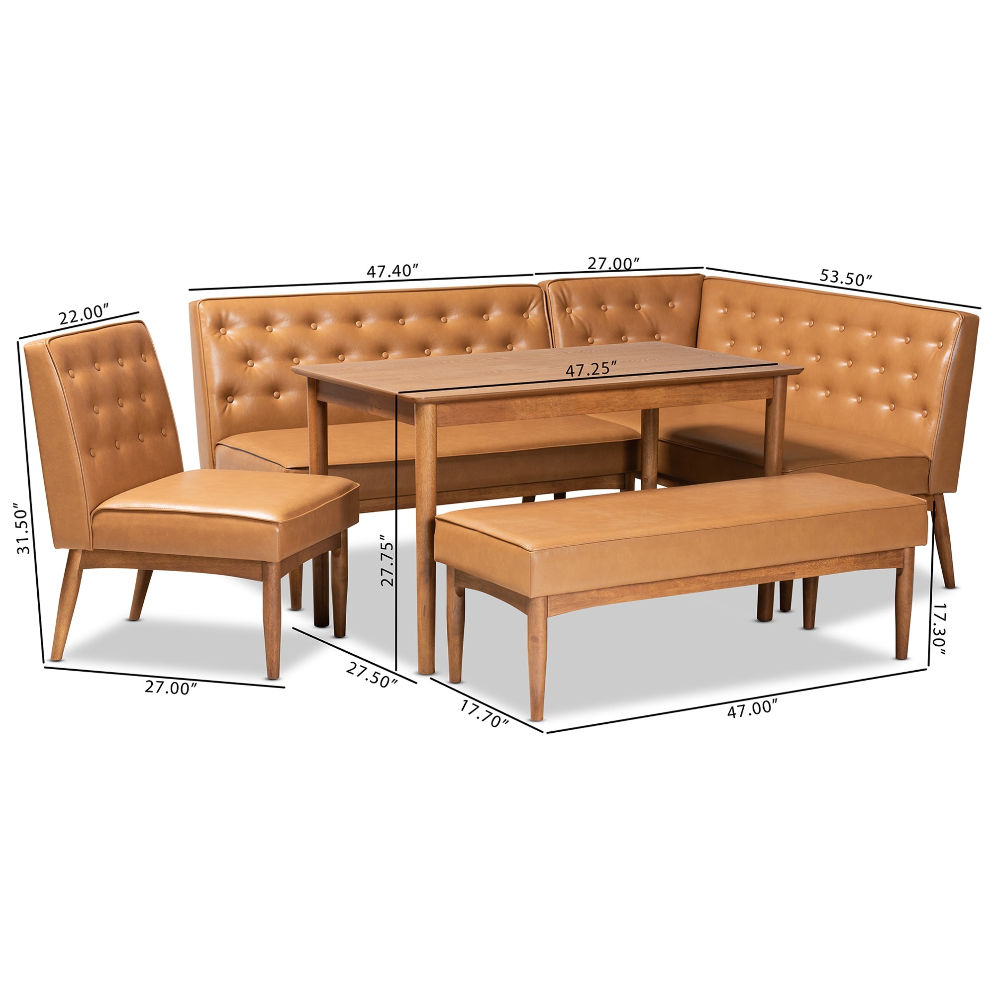 Baxton Studio Riordan Mid-Century Modern Tan Faux Leather Upholstered and Walnut Brown Finished Wood 5-Piece Dining Nook Set