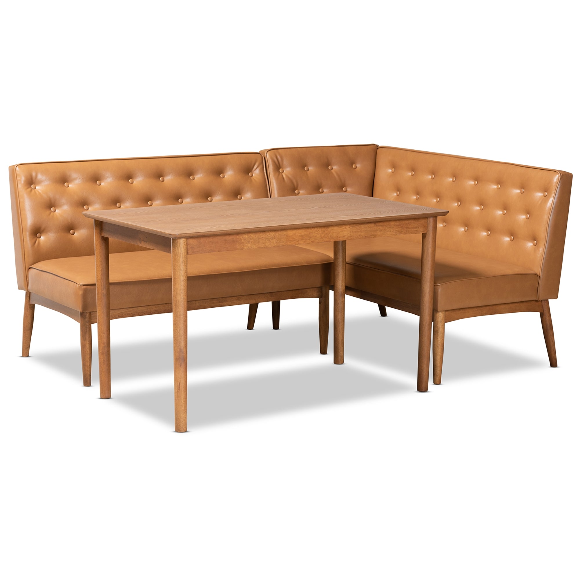 Baxton Studio Riordan Mid-Century Modern Tan Faux Leather Upholstered and Walnut Brown Finished Wood 3-Piece Dining Nook Set