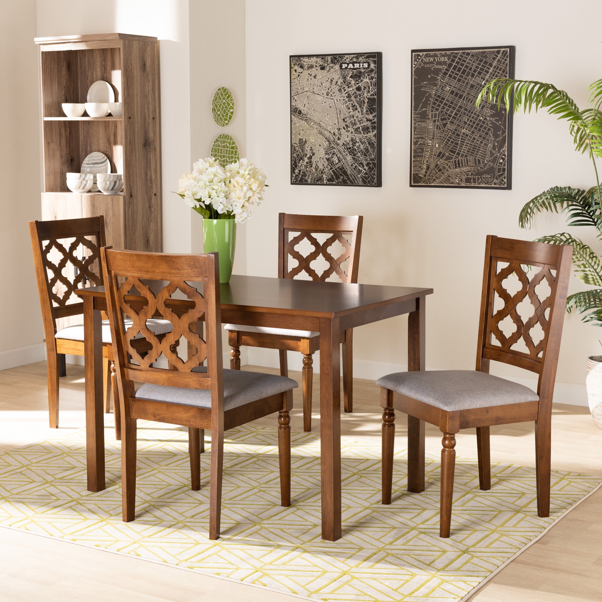 Baxton Studio Ramiro Modern and Contemporary Grey Fabric Upholstered and Walnut Brown Finished Wood 5-Piece Dining Set