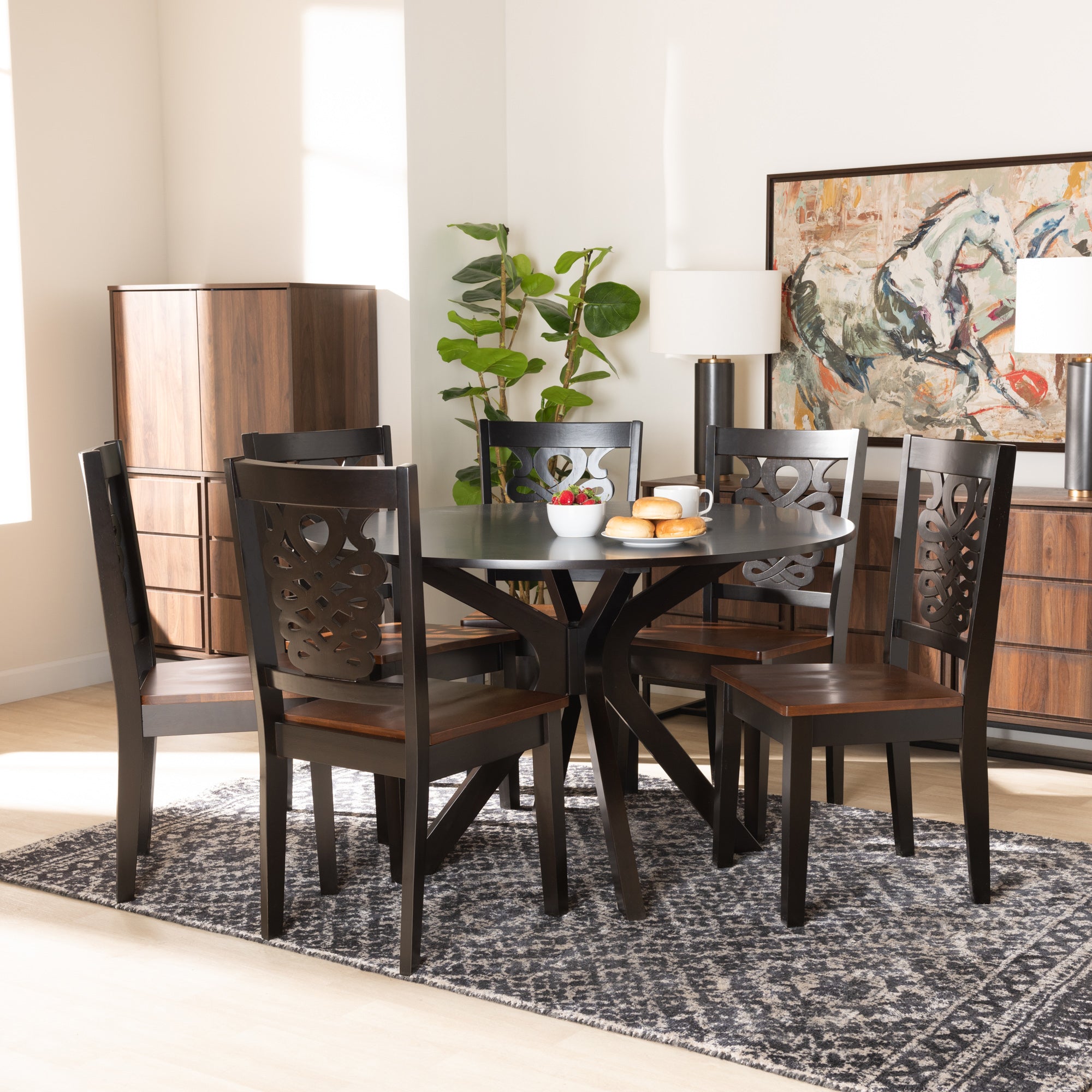 Baxton Studio Liese Modern and Contemporary Transitional Two-Tone Dark Brown and Walnut Brown Finished Wood 7-Piece Dining Set