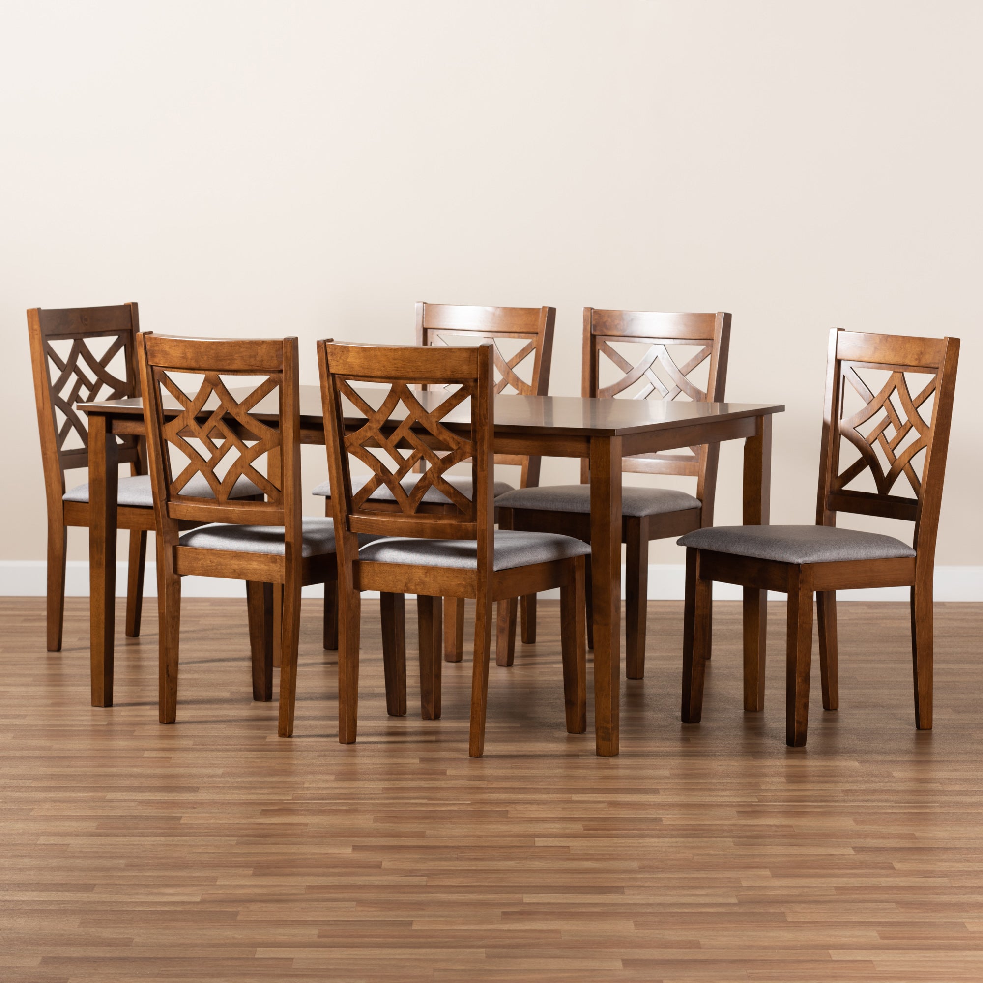 Baxton Studio Nicolette Modern and Contemporary Grey Fabric Upholstered and Walnut Brown Finished Wood 7-Piece Dining Set