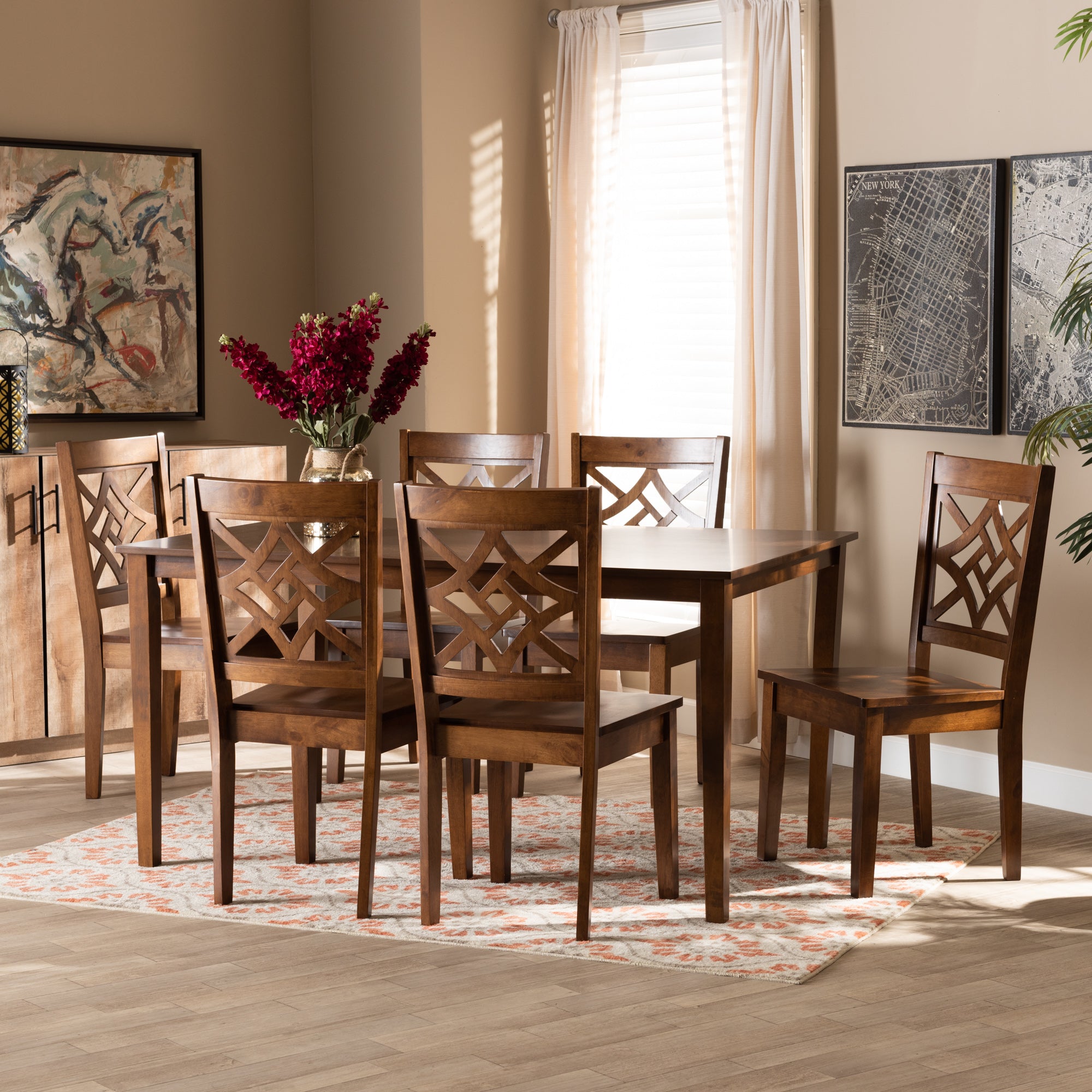 Baxton Studio Nicolette Modern and Contemporary Walnut Brown Finished Wood 7-Piece Dining Set