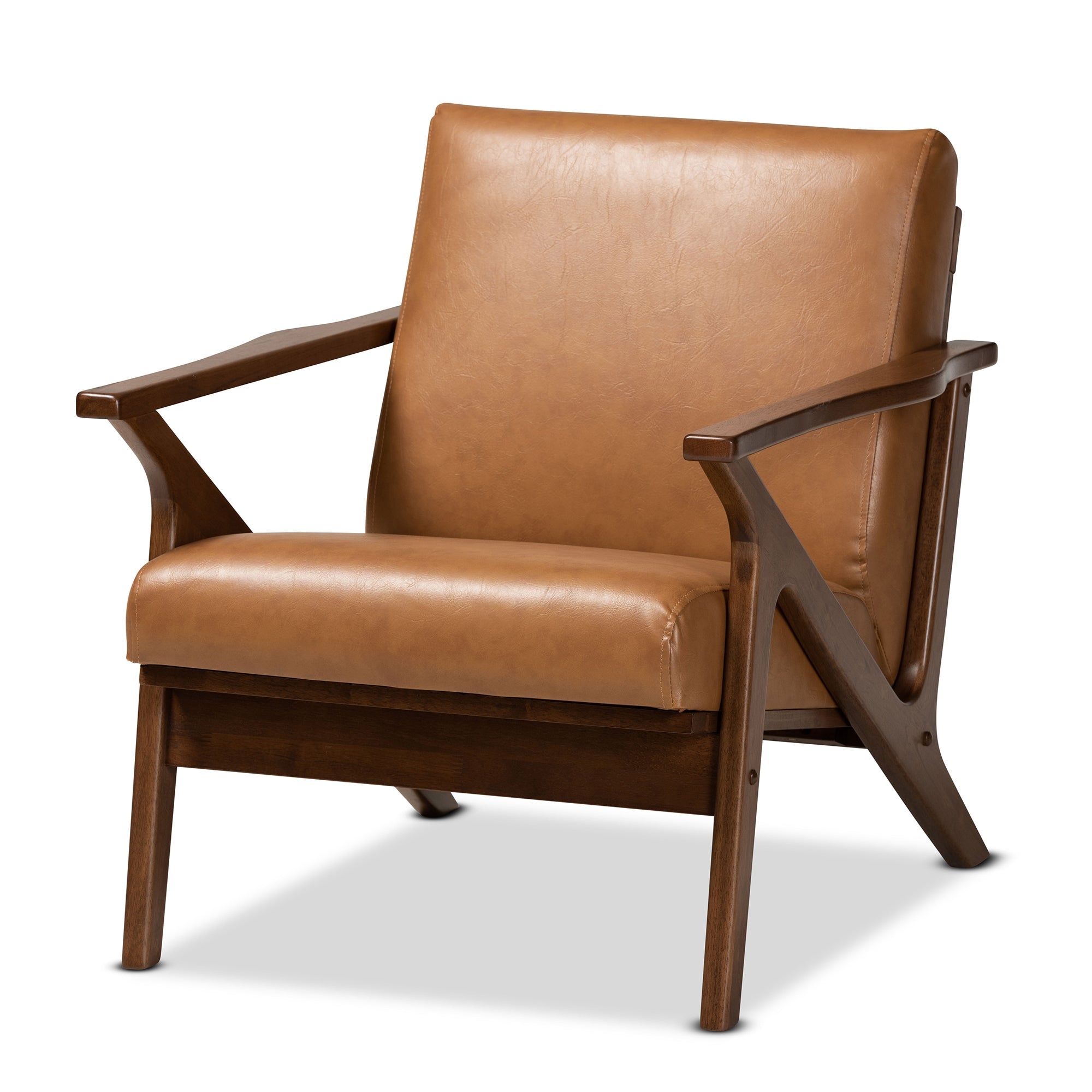 Baxton Studio Bianca Mid-Century Modern Walnut Brown Finished Wood and Tan Faux Leather Effect 2-Piece Lounge chair and Ottoman Set