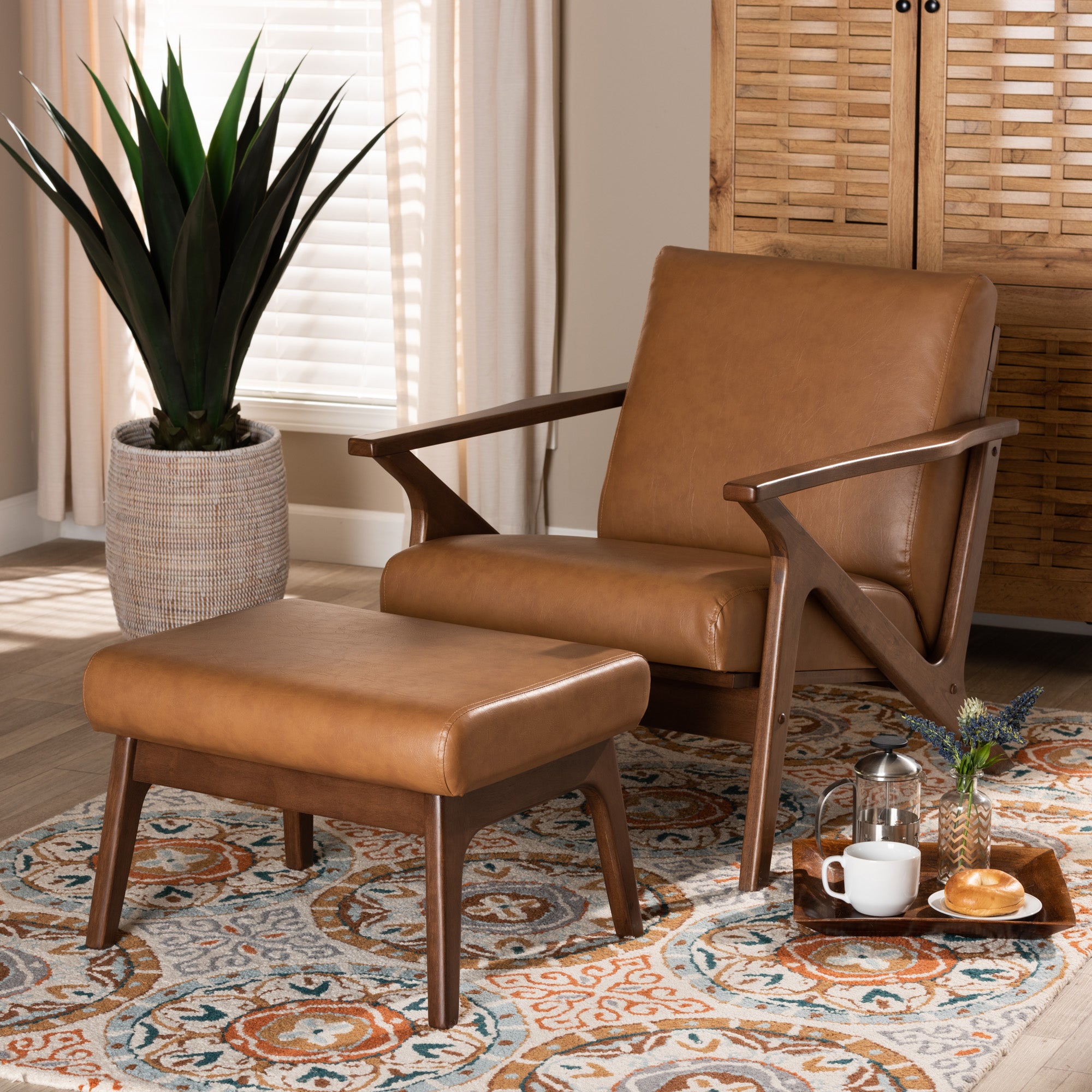 Baxton Studio Bianca Mid-Century Modern Walnut Brown Finished Wood and Tan Faux Leather Effect 2-Piece Lounge chair and Ottoman Set