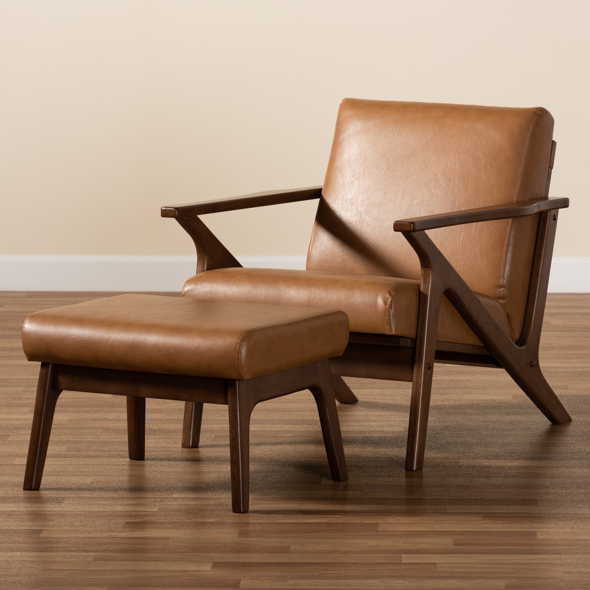 Baxton Studio Bianca Mid-Century Modern Walnut Brown Finished Wood and Tan Faux Leather Effect 2-Piece Lounge chair and Ottoman Set