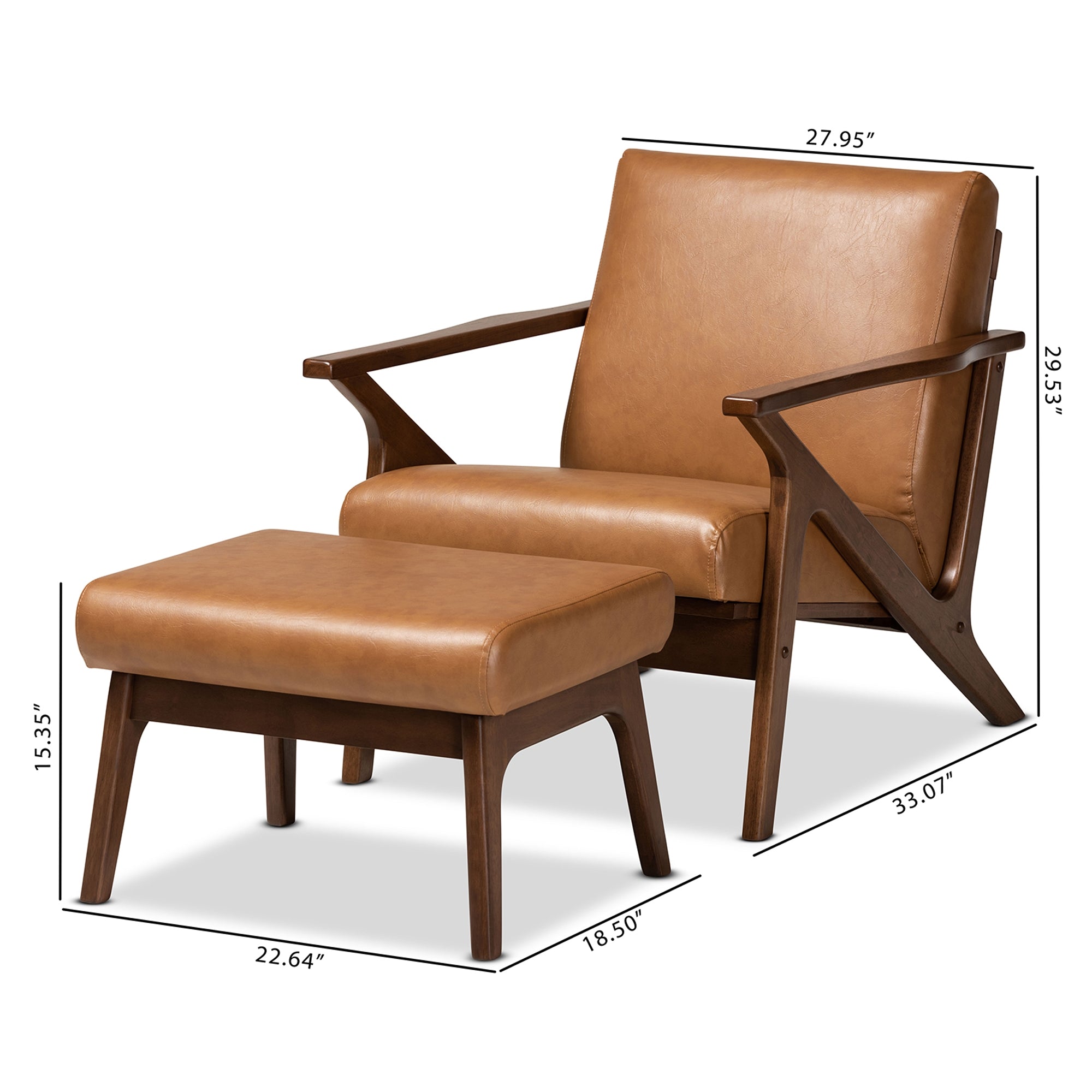 Baxton Studio Bianca Mid-Century Modern Walnut Brown Finished Wood and Tan Faux Leather Effect 2-Piece Lounge chair and Ottoman Set