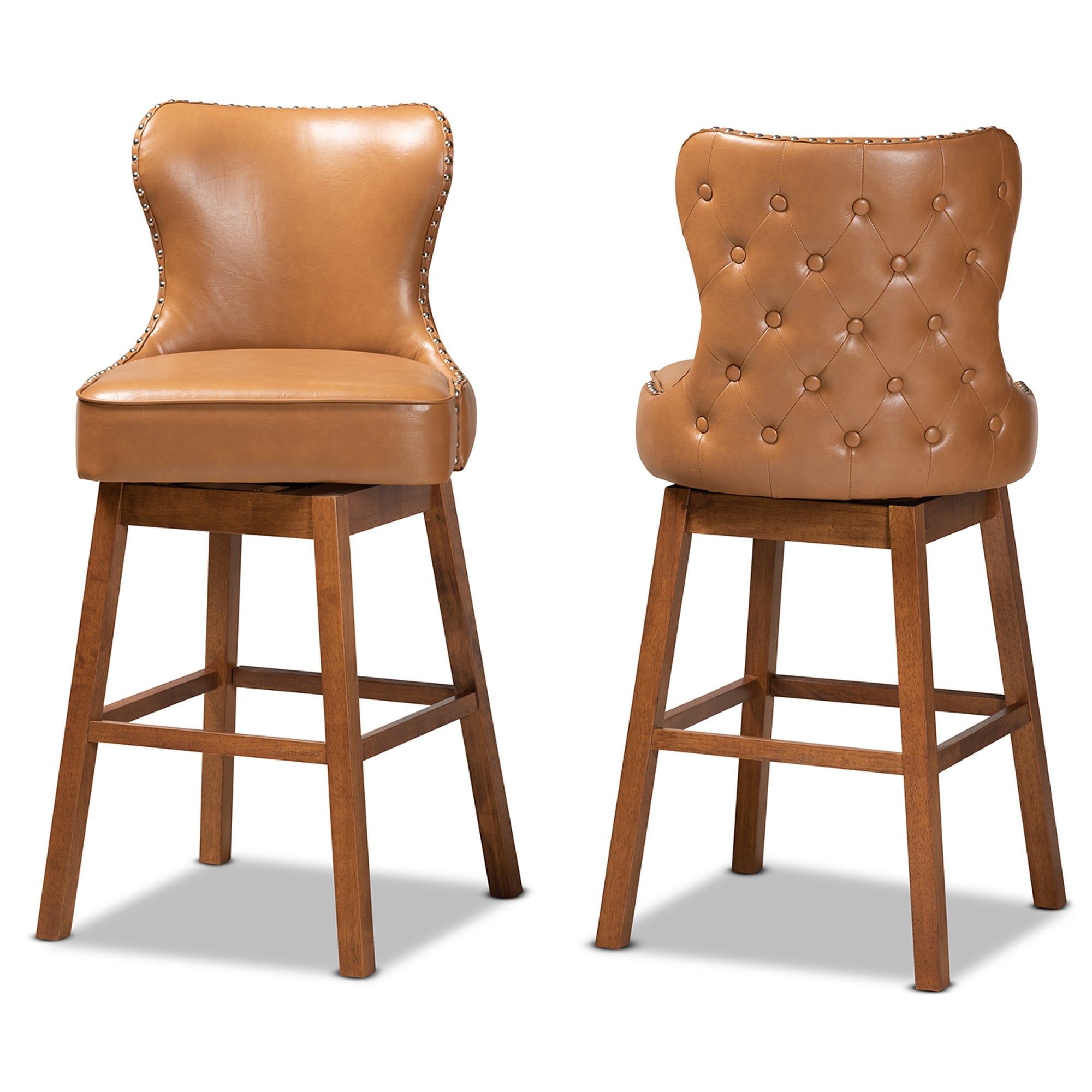 Baxton Studio Gradisca Modern and Contemporary Tan Faux Leather Upholstered and Walnut Brown Finished Wood 2-Piece Swivel Bar Stool Set