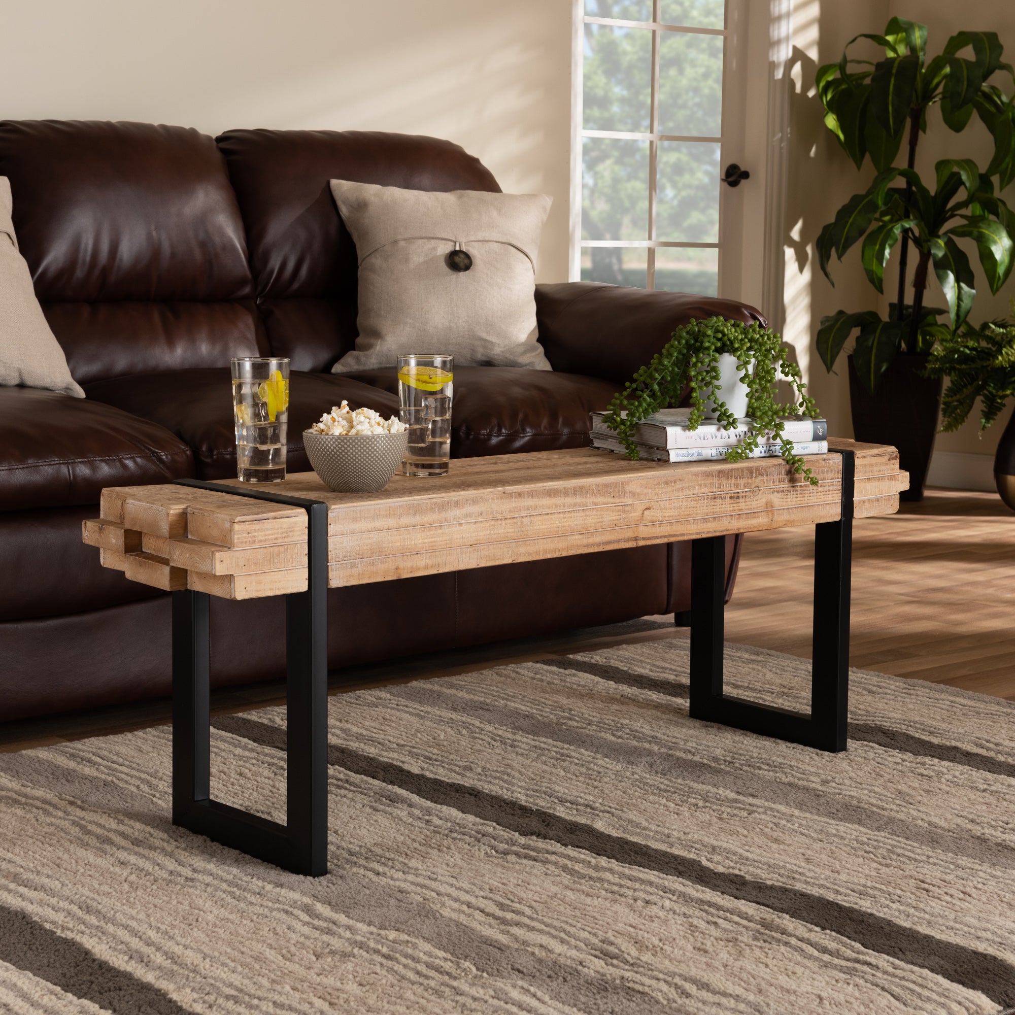 Baxton Studio Henson Rustic and Industrial Natural Brown Finished Wood and Black Finished Metal Bench