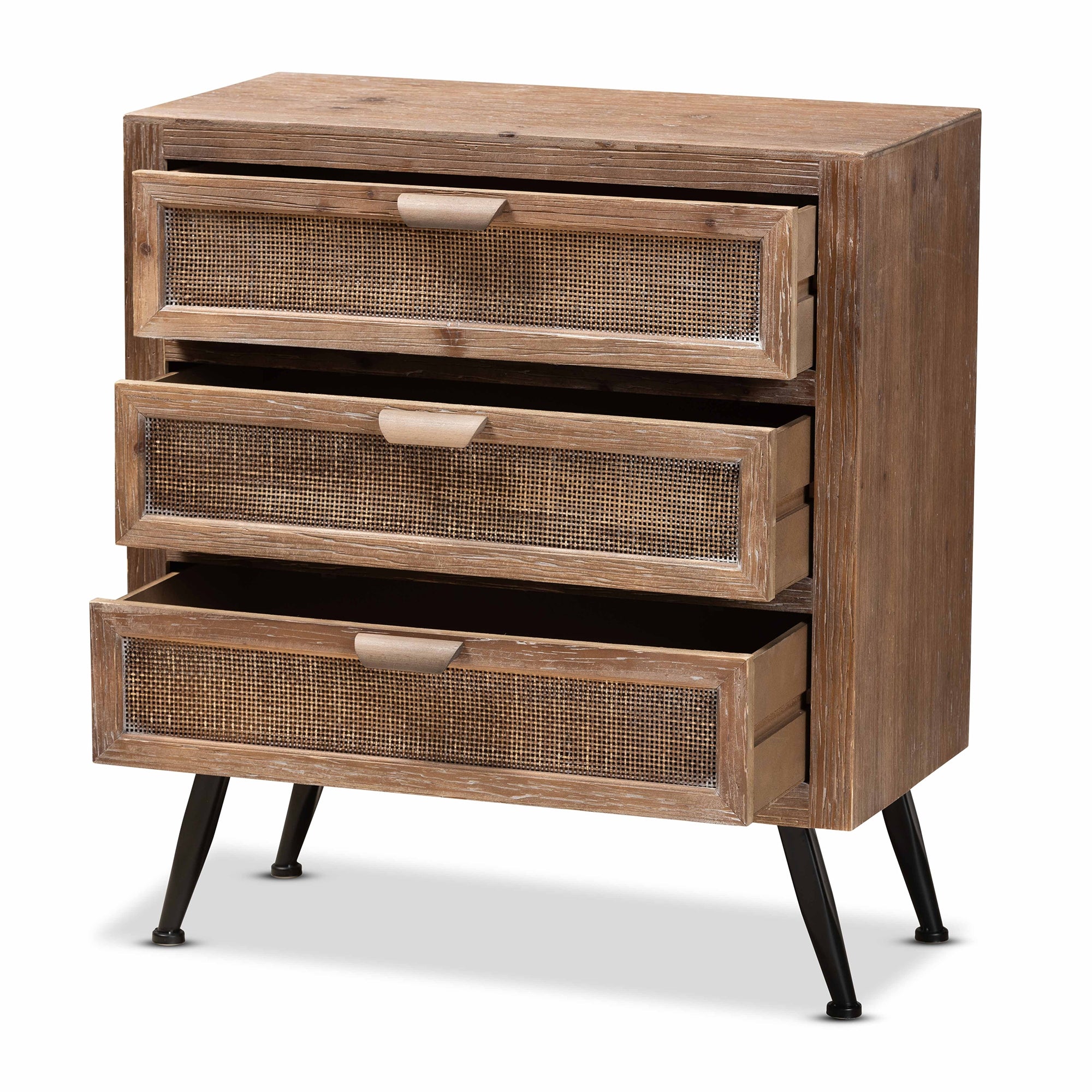 Baxton Studio Calida Mid-Century Modern Whitewashed Natural Brown Finished Wood and Rattan 3-Drawer Storage Cabinet