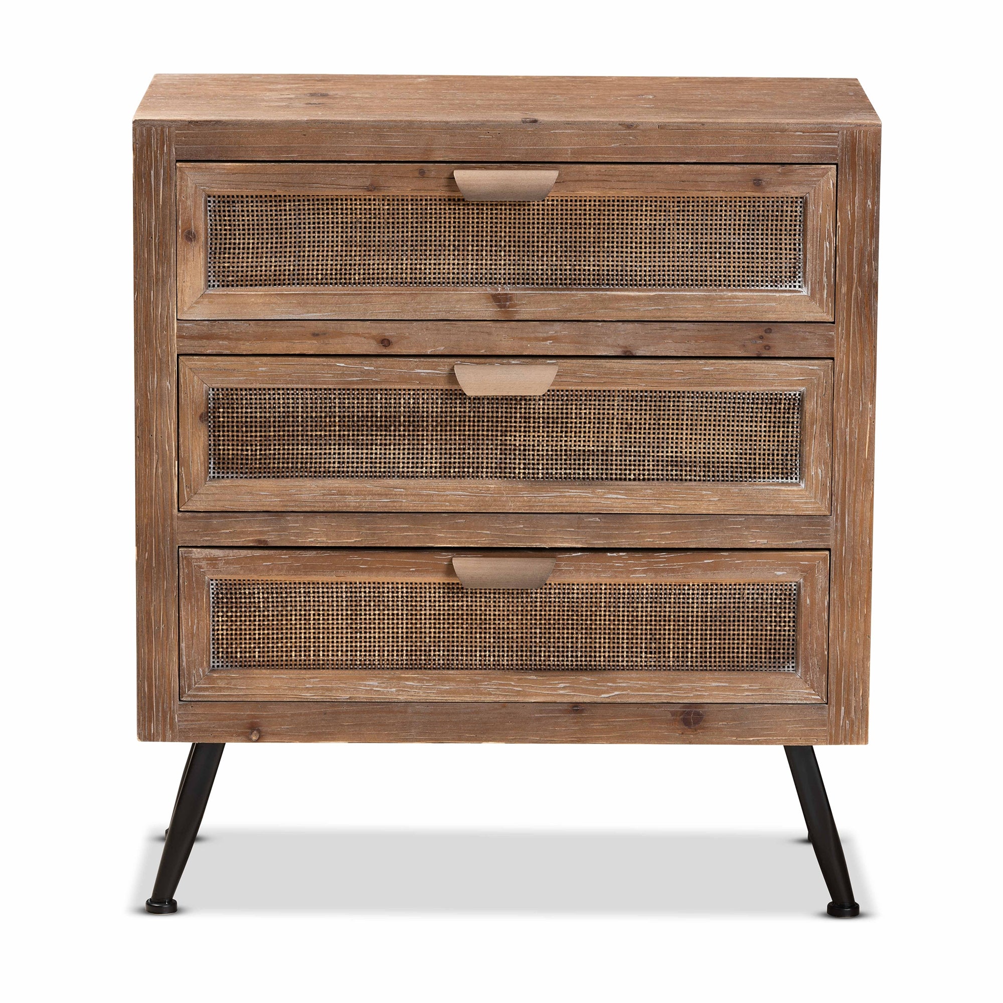 Baxton Studio Calida Mid-Century Modern Whitewashed Natural Brown Finished Wood and Rattan 3-Drawer Storage Cabinet