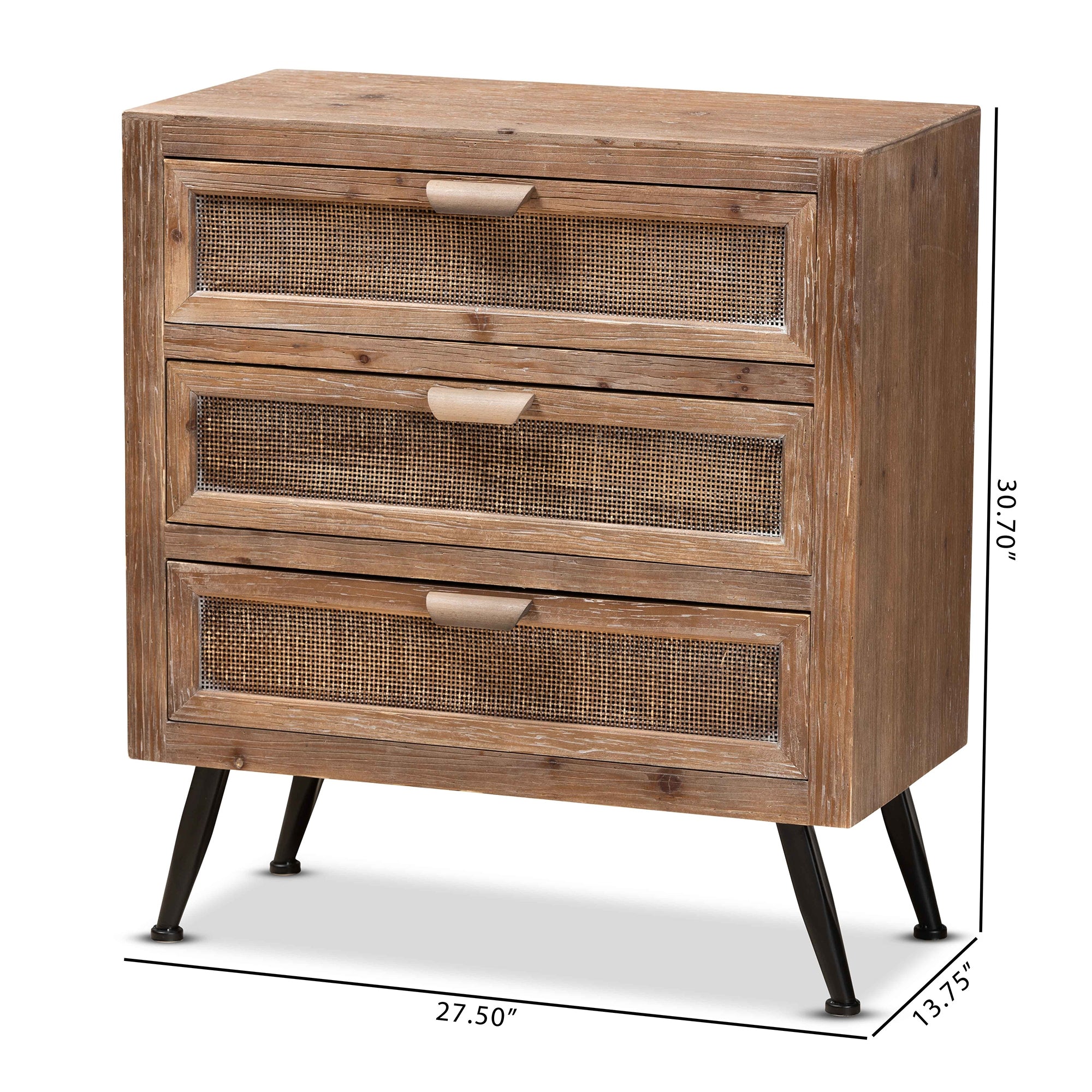 Baxton Studio Calida Mid-Century Modern Whitewashed Natural Brown Finished Wood and Rattan 3-Drawer Storage Cabinet