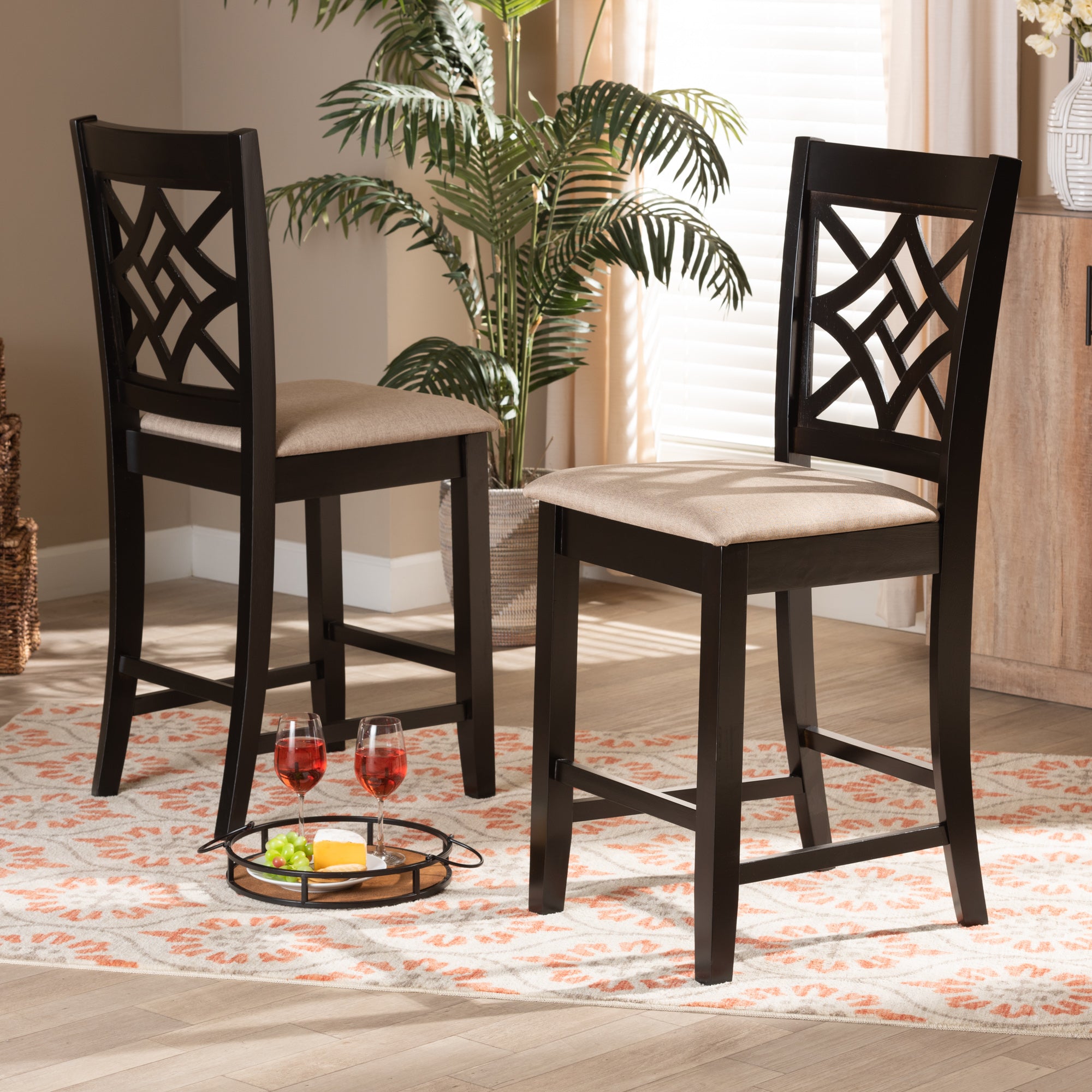 Baxton Studio Nicolette Modern and Contemporary Sand Fabric Upholstered and Dark Brown Finished Wood 2-Piece Counter Stool Set