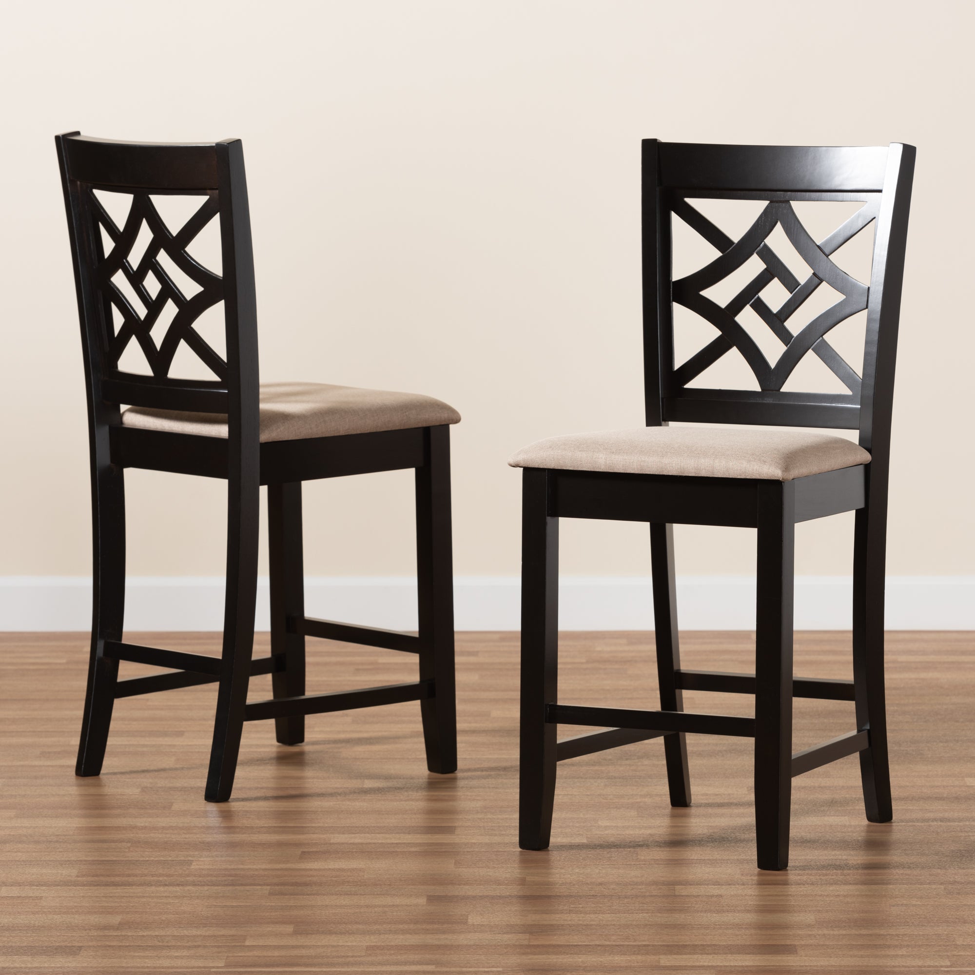 Baxton Studio Nicolette Modern and Contemporary Sand Fabric Upholstered and Dark Brown Finished Wood 2-Piece Counter Stool Set