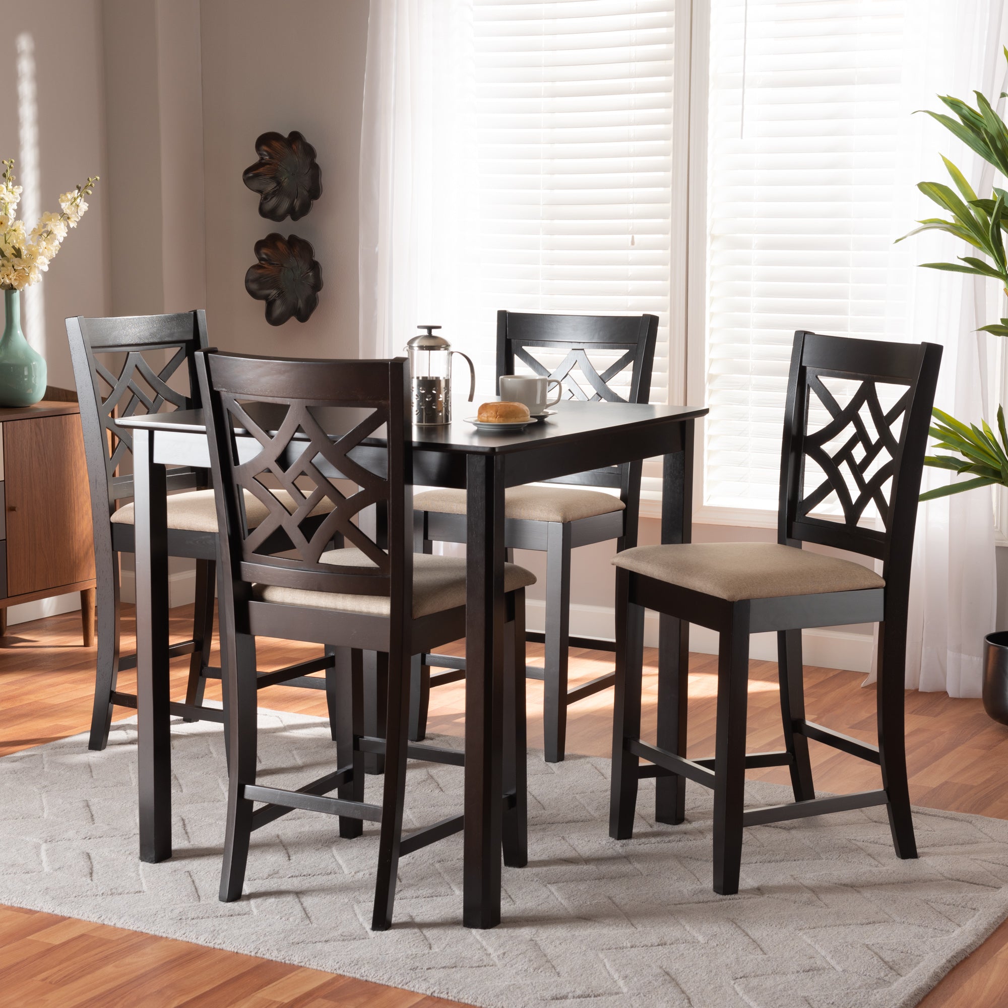 Baxton Studio Nicolette Modern and Contemporary Sand Fabric Upholstered and Dark Brown Finished Wood 5-Piece Pub Set