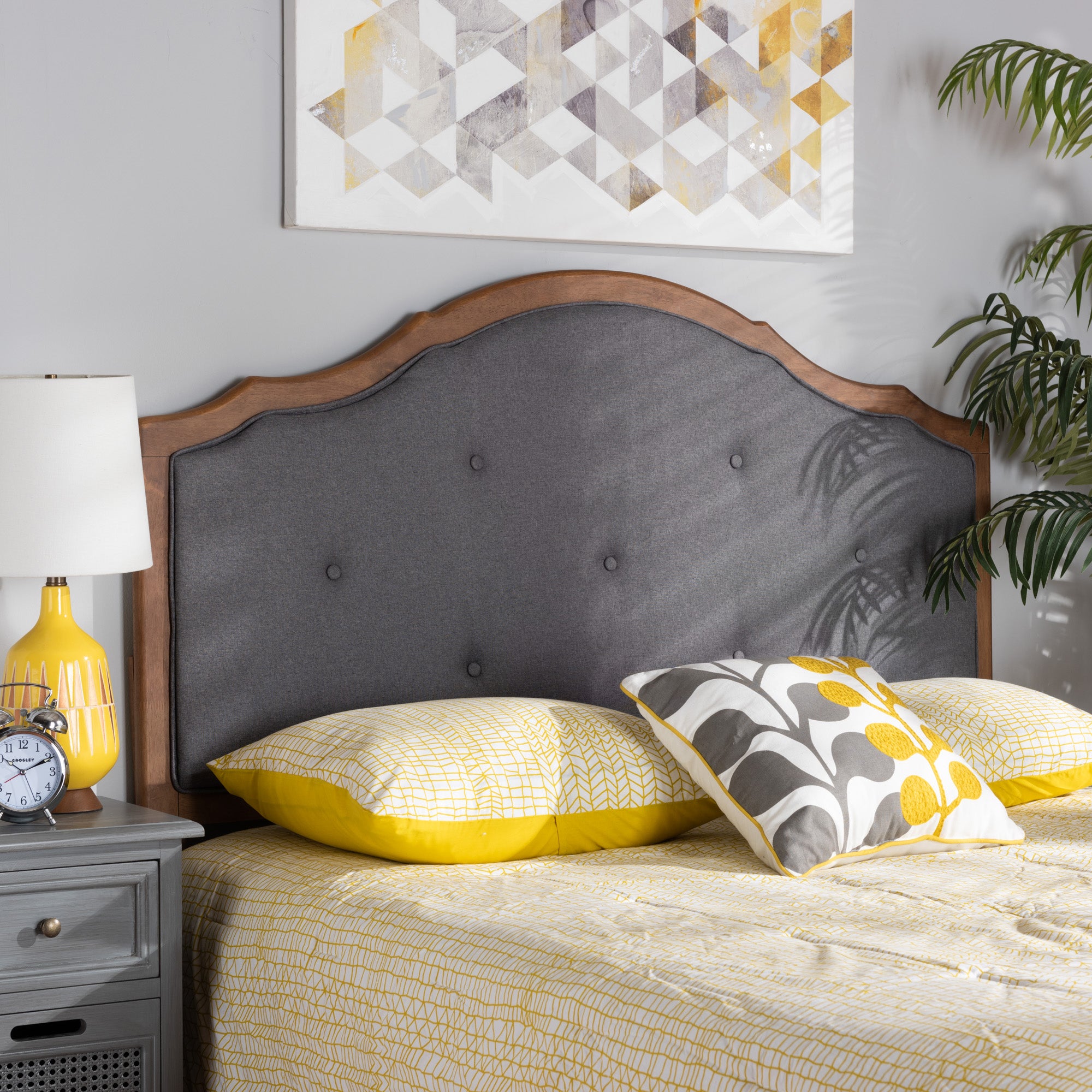 Baxton Studio Gala Vintage Classic Traditional Dark Grey Fabric Upholstered and Walnut Brown Finished Wood Queen Size Arched Headboard