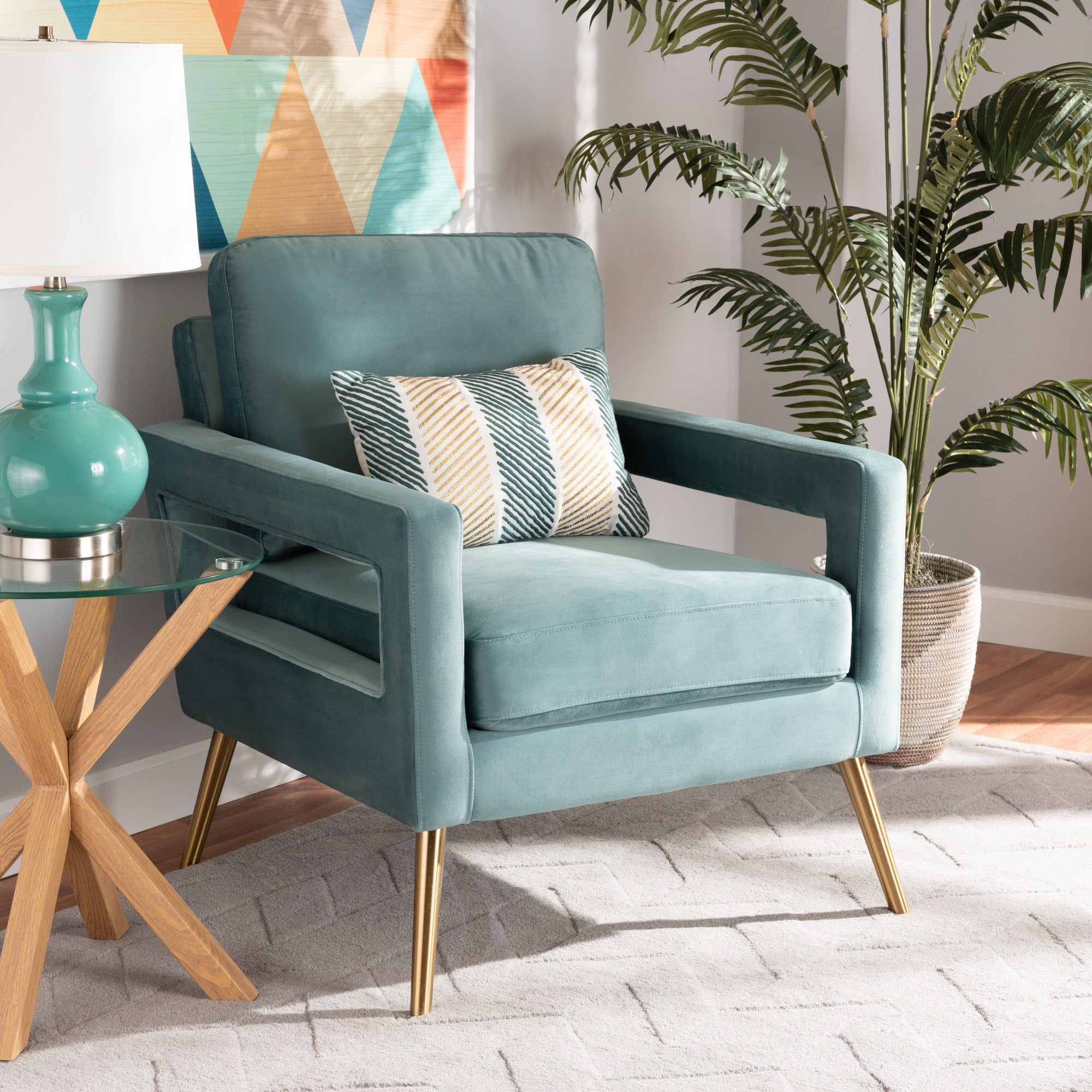 Baxton Studio Leland Glam and Luxe Light Blue Velvet Fabric Upholstered and Gold Finished Armchair