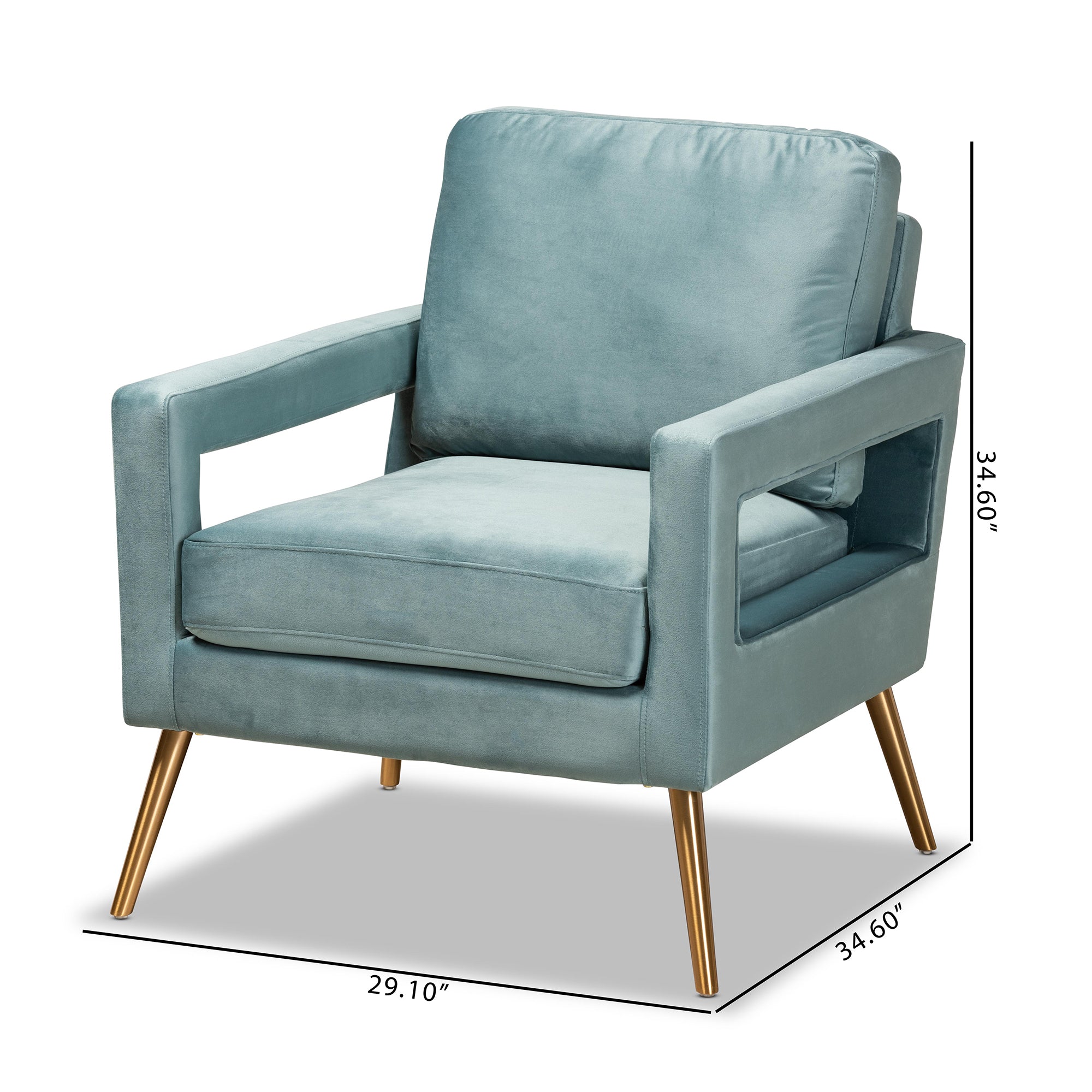 Baxton Studio Leland Glam and Luxe Light Blue Velvet Fabric Upholstered and Gold Finished Armchair