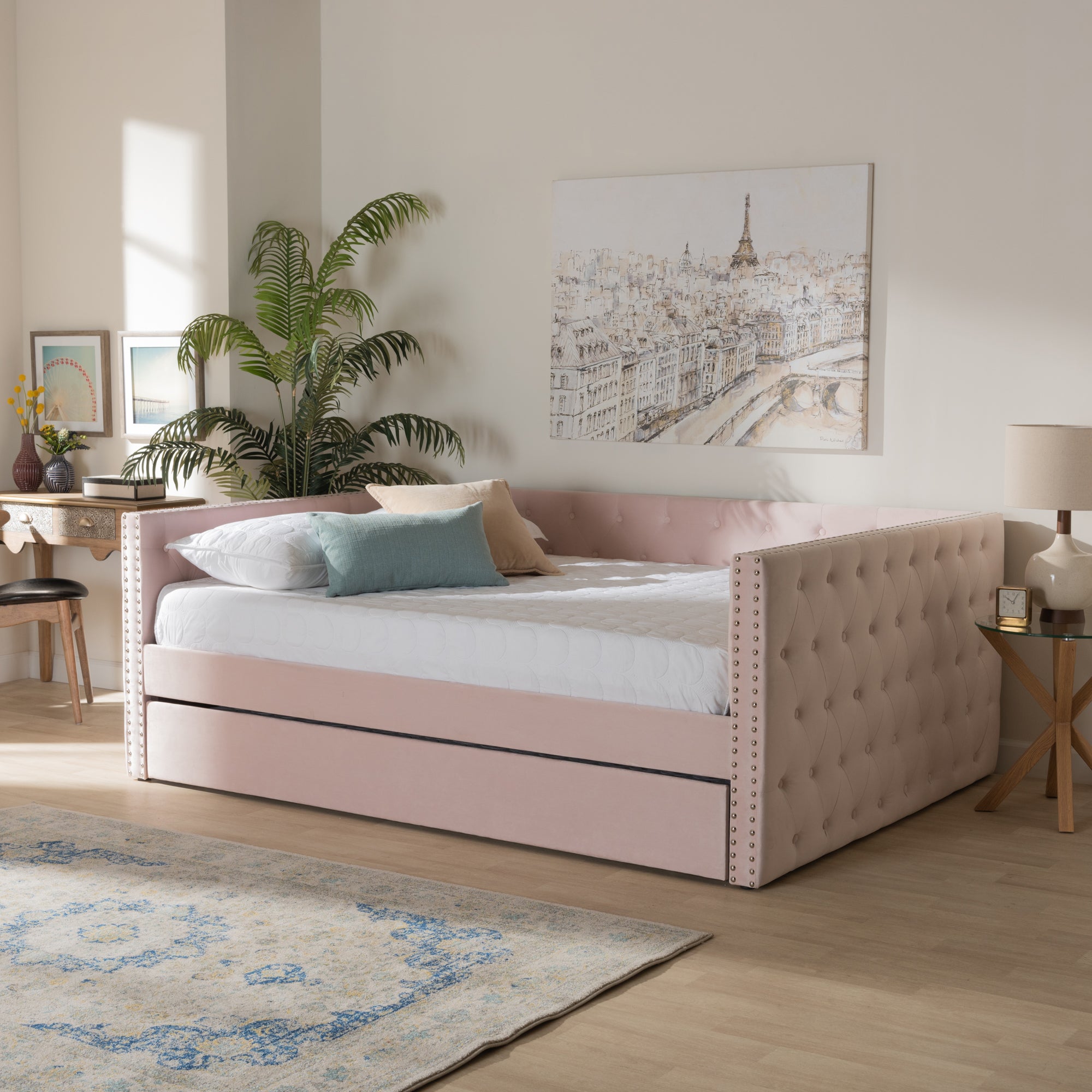 Baxton Studio Larkin Modern and Contemporary Pink Velvet Fabric Upholstered Full Size Daybed with Trundle