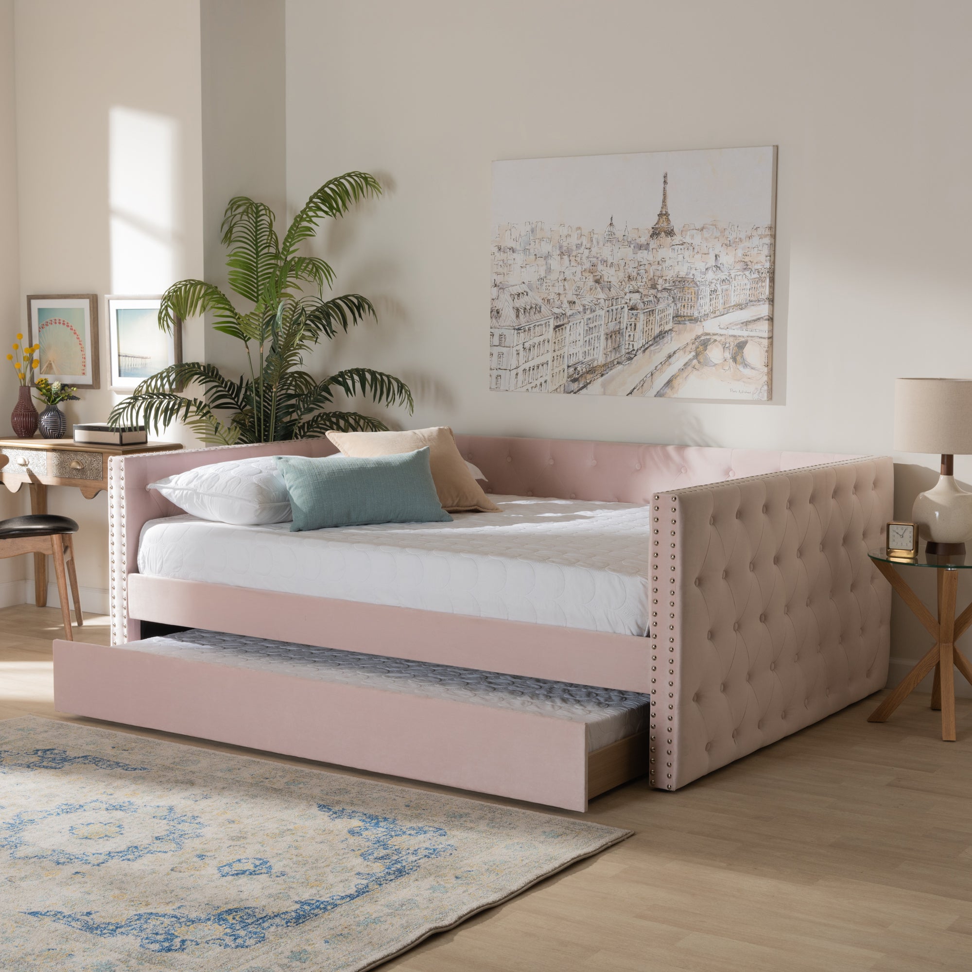 Baxton Studio Larkin Modern and Contemporary Pink Velvet Fabric Upholstered Full Size Daybed with Trundle