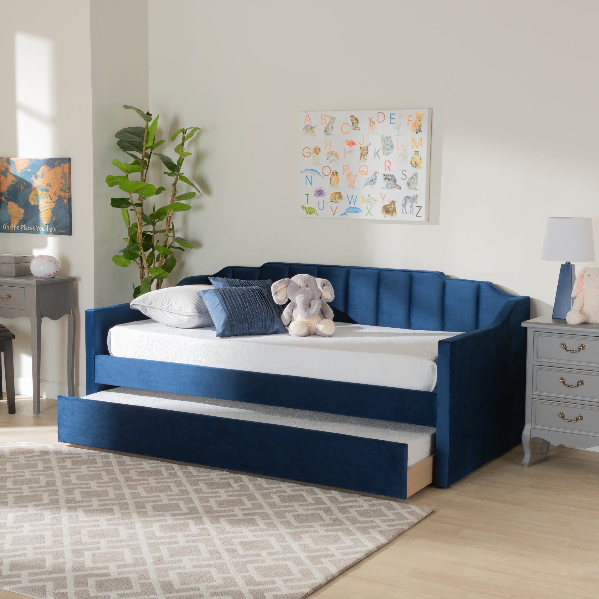 Baxton Studio Lennon Modern and Contemporary Navy Blue Velvet Fabric Upholstered Twin Size Daybed with Trundle