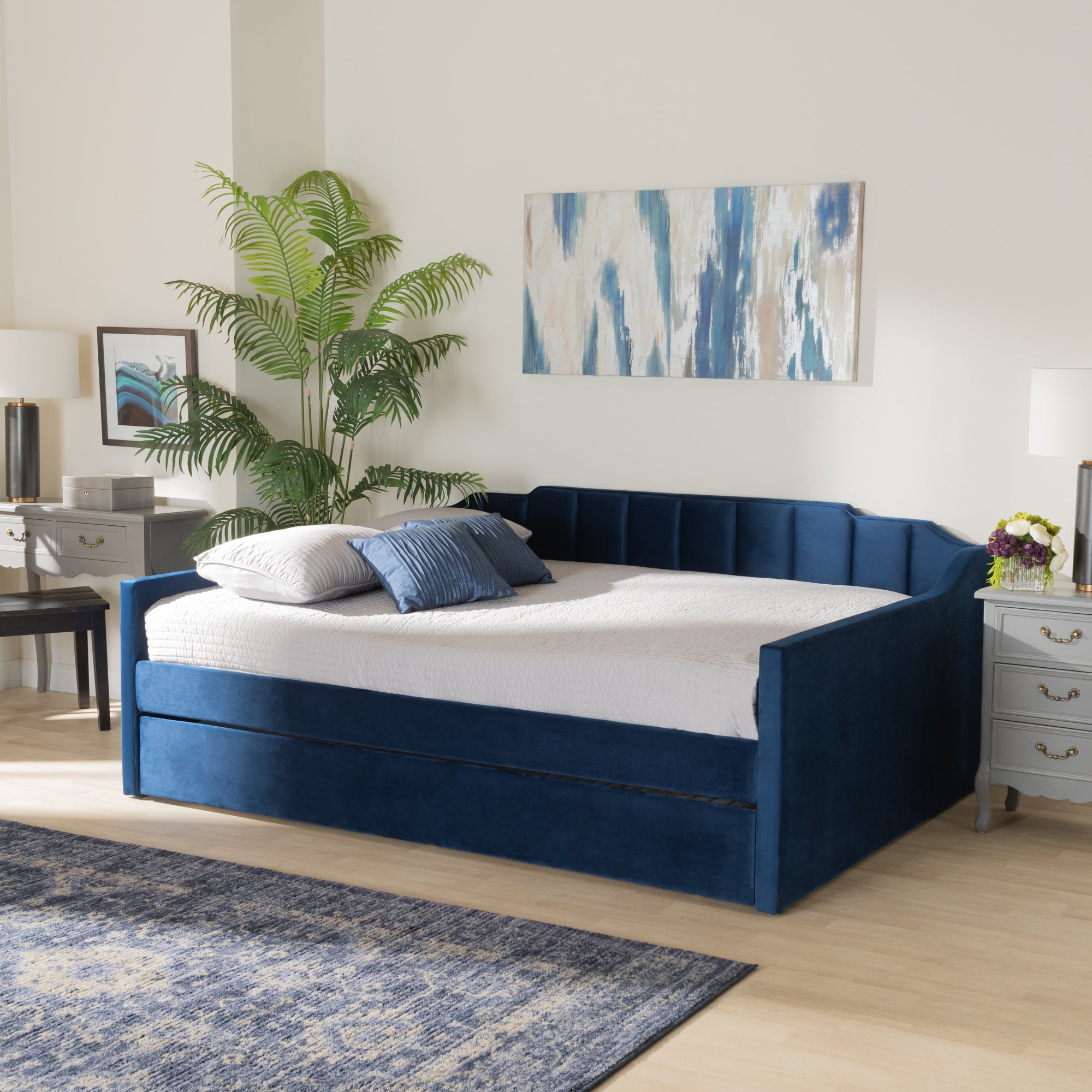 Baxton Studio Lennon Modern and Contemporary Navy Blue Velvet Fabric Upholstered Full Size Daybed with Trundle