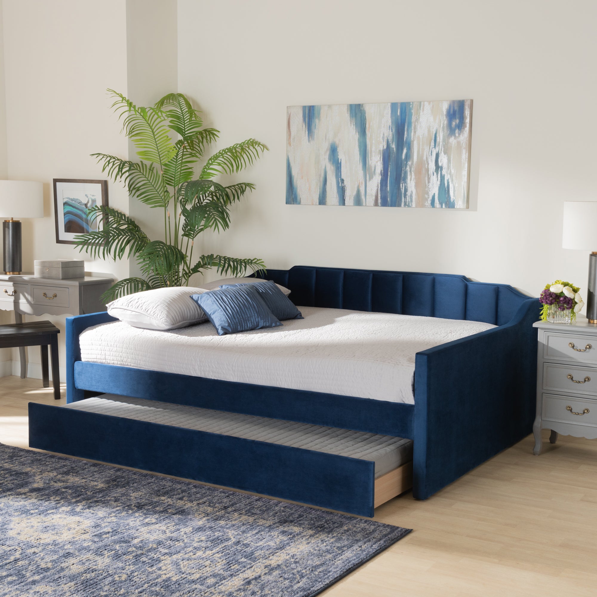 Baxton Studio Lennon Modern and Contemporary Navy Blue Velvet Fabric Upholstered Full Size Daybed with Trundle