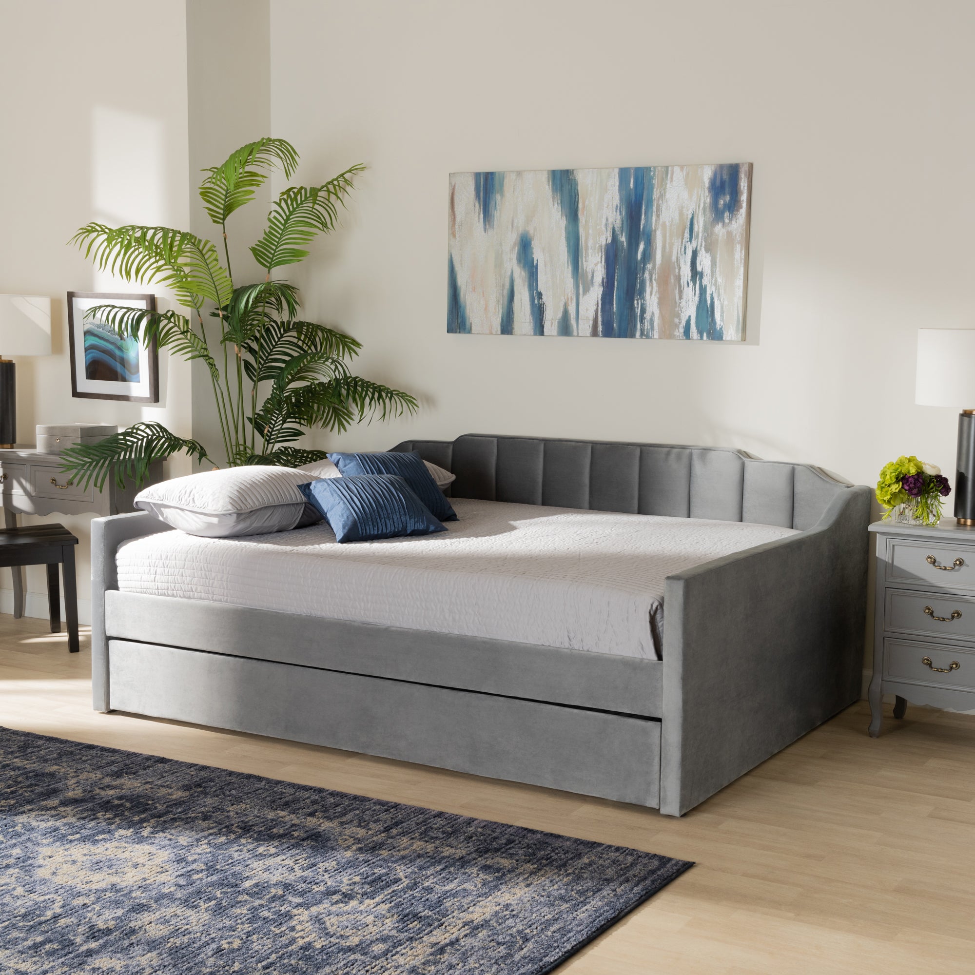 Baxton Studio Lennon Modern and Contemporary Grey Velvet Fabric Upholstered Full Size Daybed with Trundle