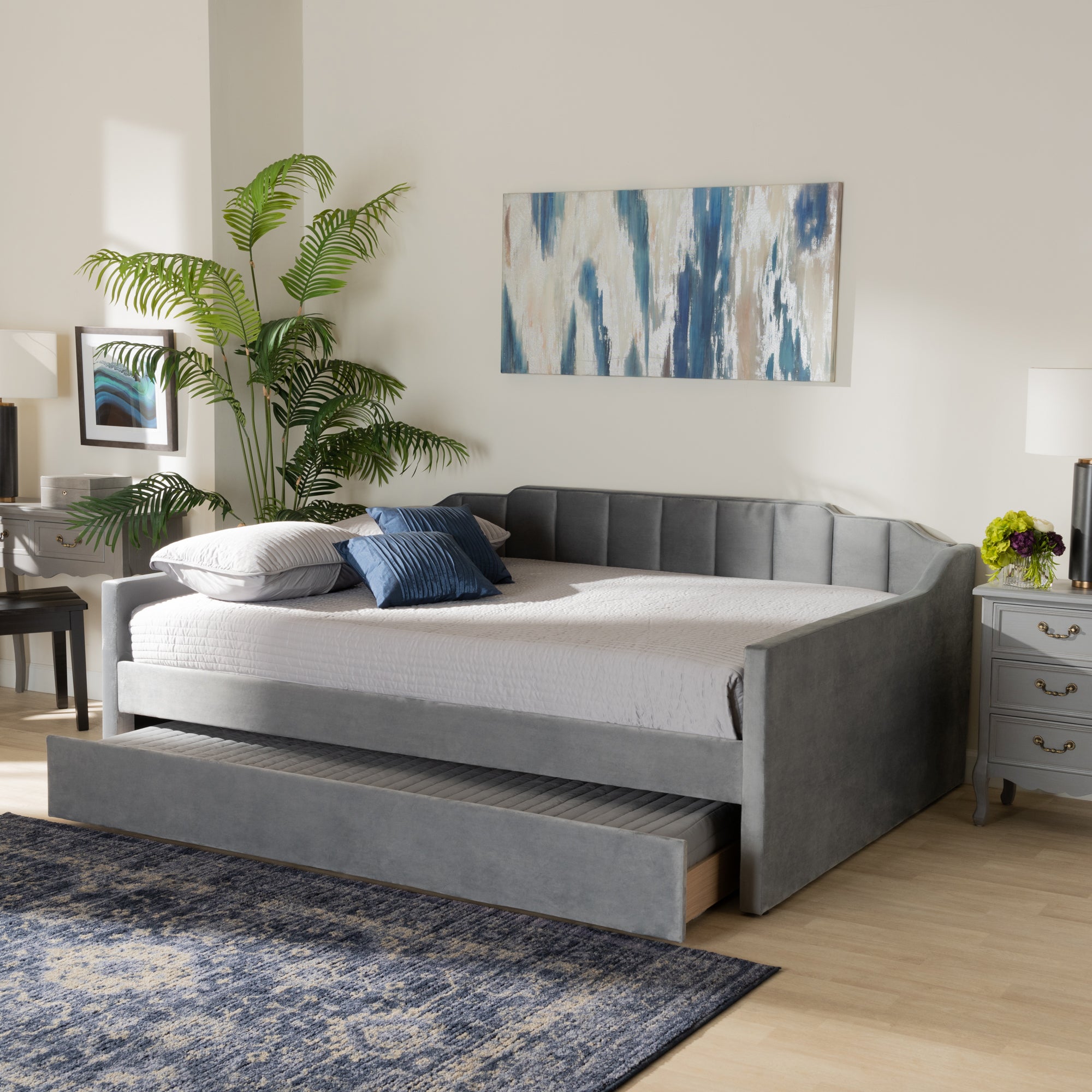 Baxton Studio Lennon Modern and Contemporary Grey Velvet Fabric Upholstered Full Size Daybed with Trundle